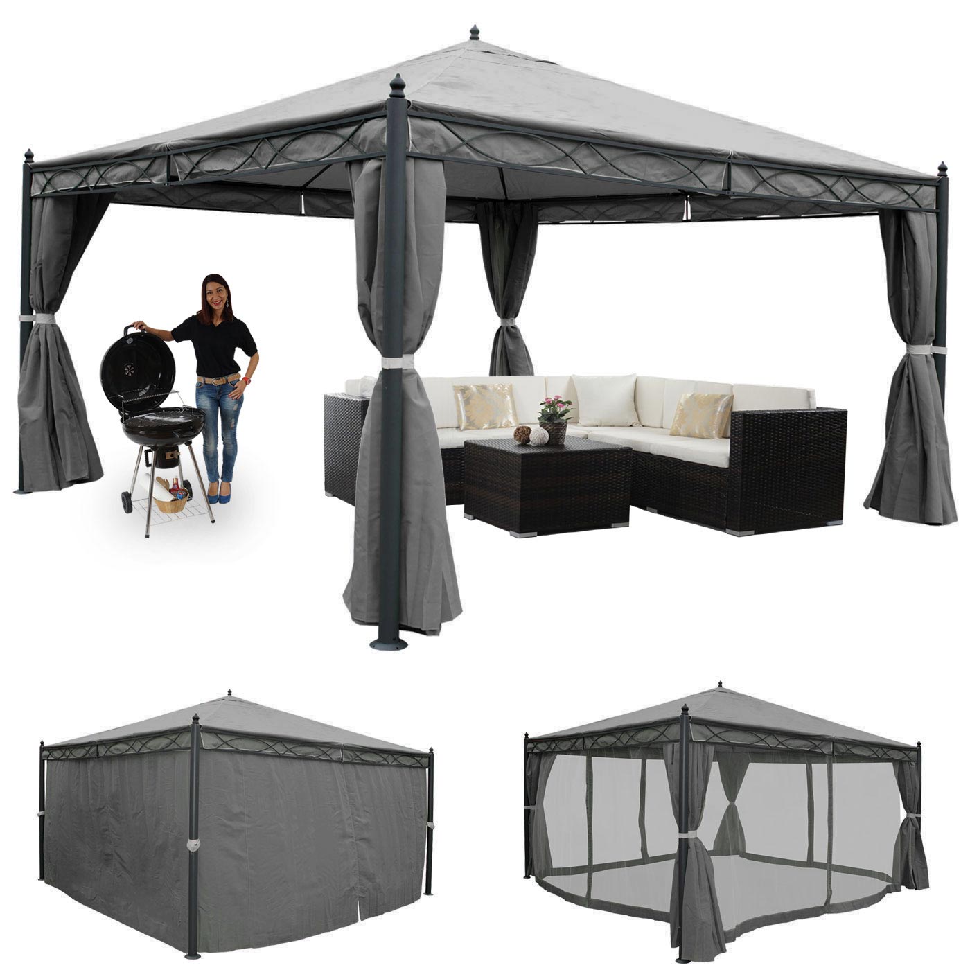 Pergola Calpe, Garten Pavillon, stabiles 7cm-Gestell mit Seitenwand + Moskitonetz ~ grau 4x4m 