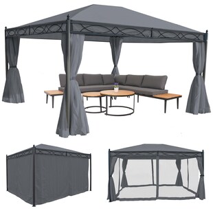 Pergola Calpe, Garten Pavillon, stabiles 7cm-Gestell mit Seitenwand + Moskitonetz ~ grau 4x3m 
