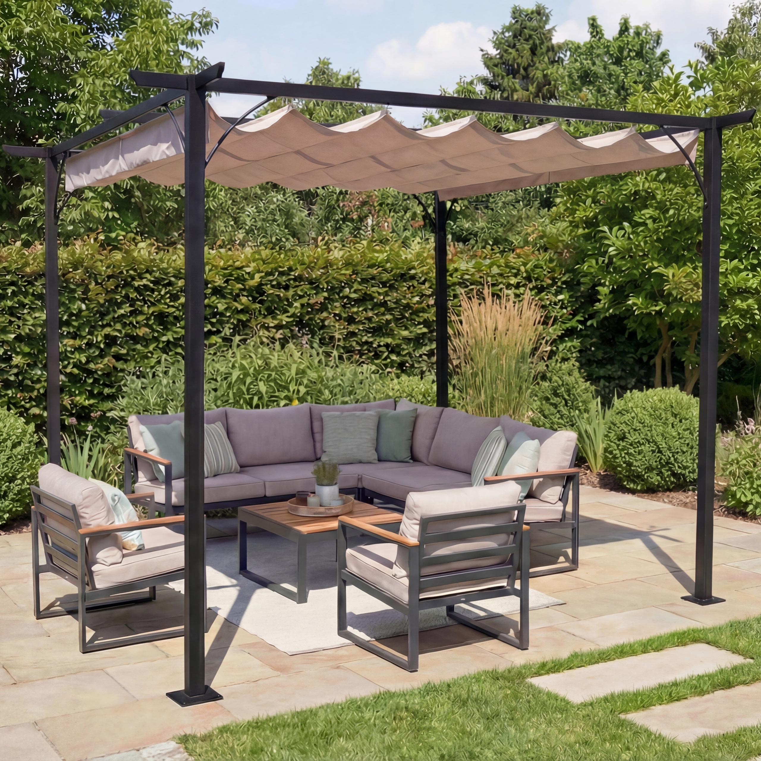 Pergola MCW-C42, Garten Pavillon, stabiles 6cm-Gestell + Schiebedach ~ creme 3x3m 