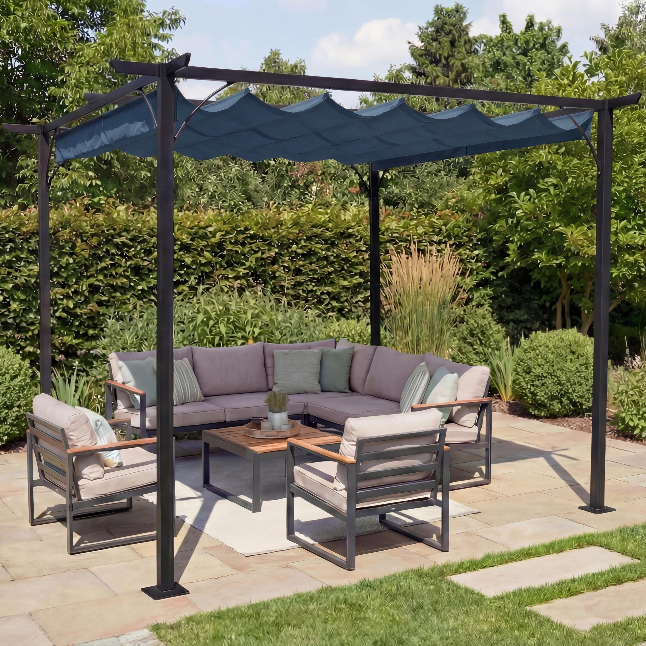 Pergola MCW-C42, Garten Pavillon, stabiles 6cm-Gestell + Schiebedach ~ 3x3m blau 
