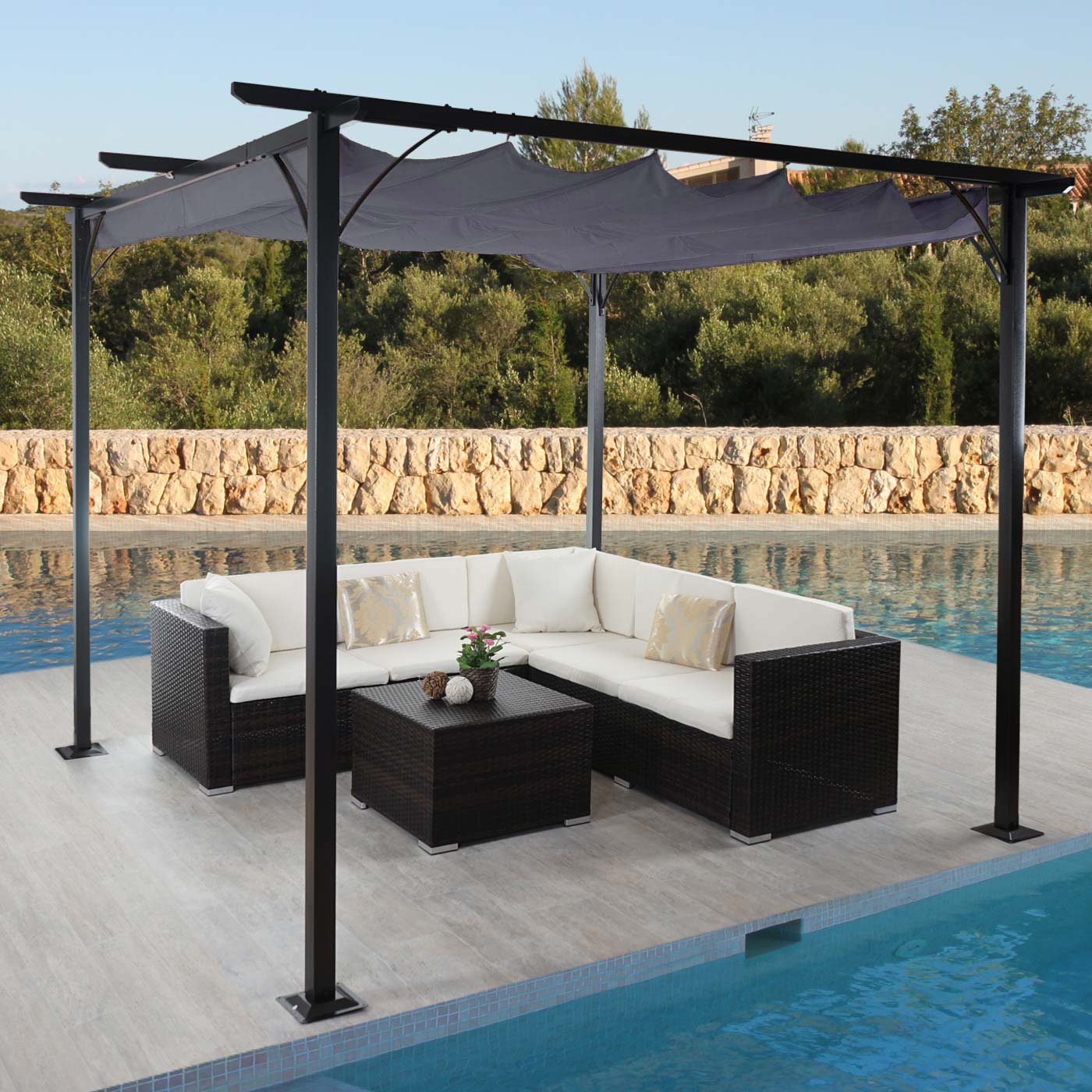 Pergola MCW-C42, Garten Pavillon, stabiles 6cm-Gestell + Schiebedach ~ 3,5x3,5m grau 