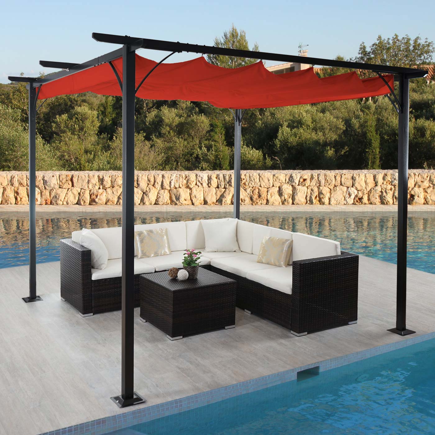 Pergola MCW-C42, Garten Pavillon, stabiles 6cm-Gestell + Schiebedach ~ 3,5x3,5m terracotta 