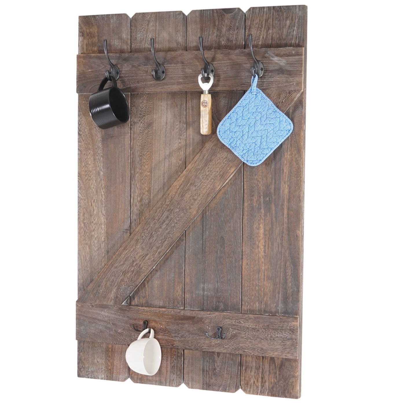 Tassenhalter MCW-D13, H&auml;ngeregal Tassenbrett Wandboard, 6 Haken 91x60cm ~ shabby-braun 