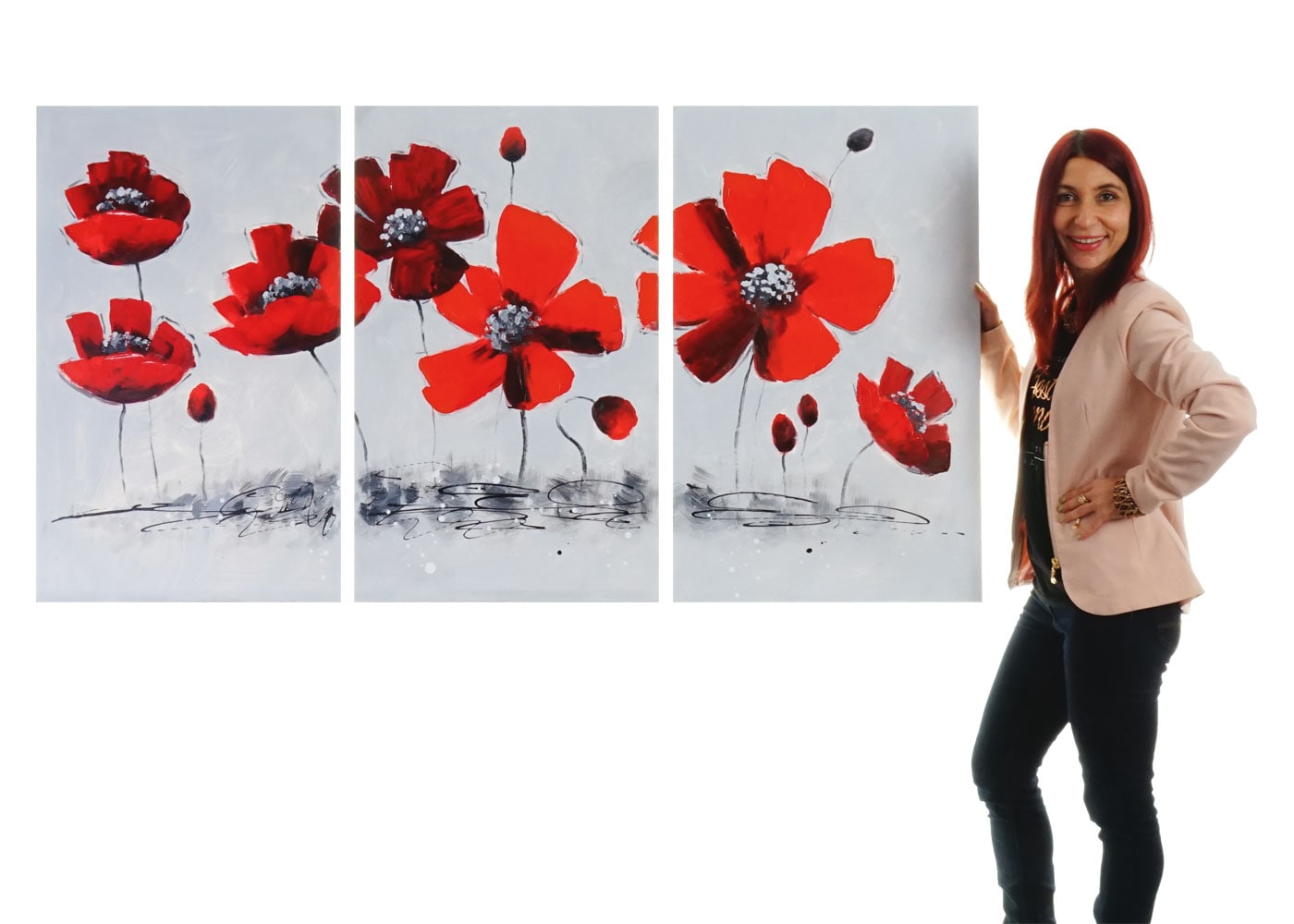 Wandbild Mohnblume, 100% handgemaltes &Ouml;lgem&auml;lde Gem&auml;lde XL, 165x90cm 