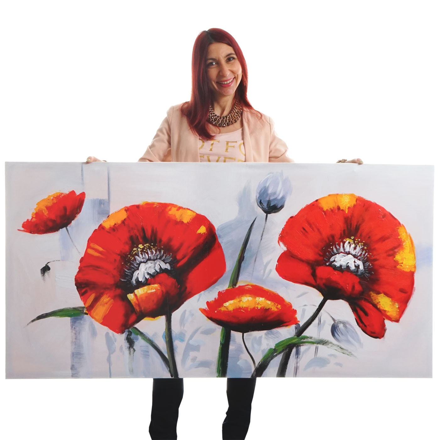 Wandbild Roter Mohn, 100% handgemaltes &Ouml;lgem&auml;lde Gem&auml;lde XL, 140x70cm 