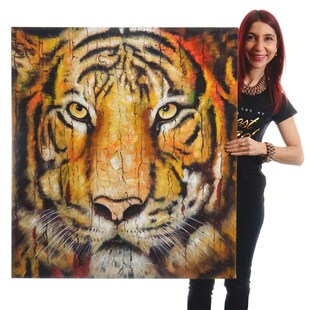 Wandbild Tiger, 100% handgemaltes Ölgemälde Gemälde XL, 100x90cm 