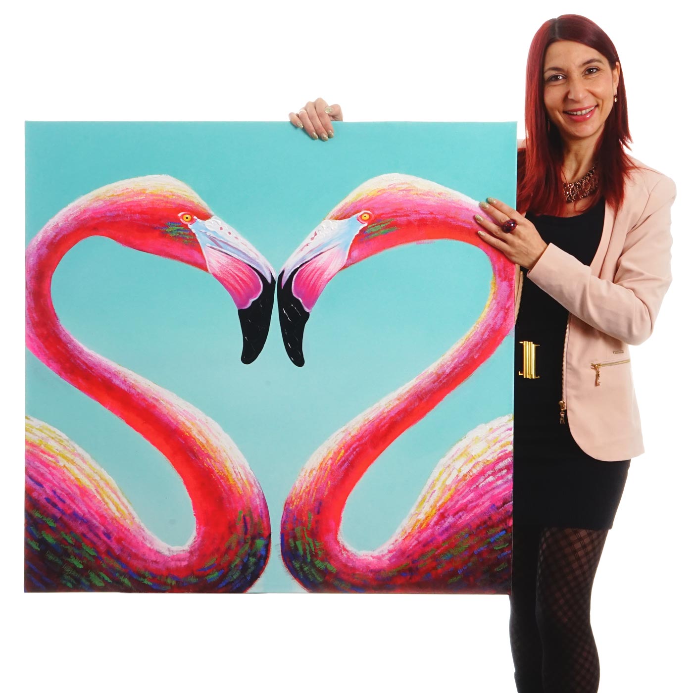 Wandbild Flamingo, 100% handgemaltes &Ouml;lgem&auml;lde Gem&auml;lde XL, 90x90cm 