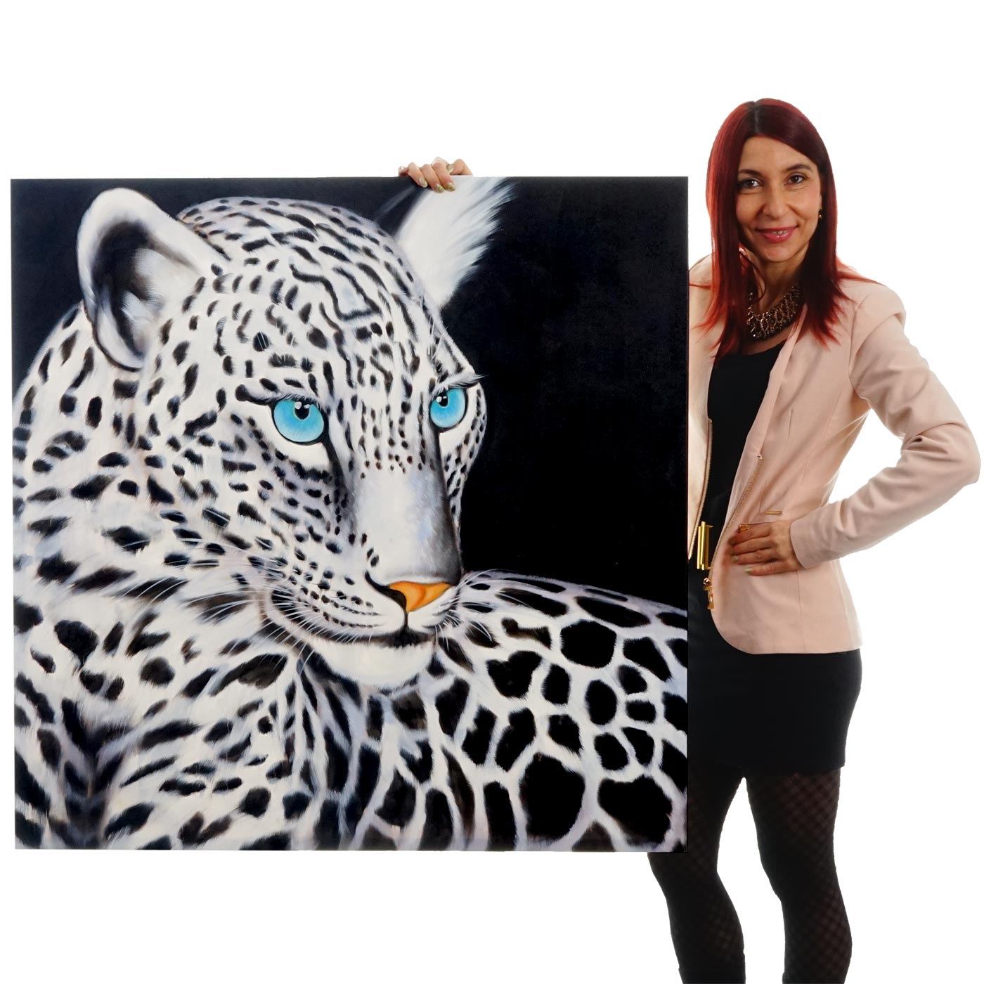 Wandbild Wei&szlig;er Leopard, 100% handgemaltes &Ouml;lgem&auml;lde Gem&auml;lde XL, 100x100cm 