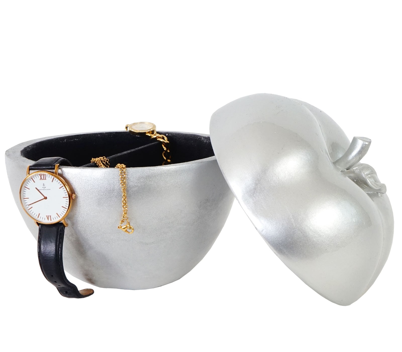 Schmuckdose 21cm, Polyresin Kosmetikdose Deko Figur Apfel, silber 