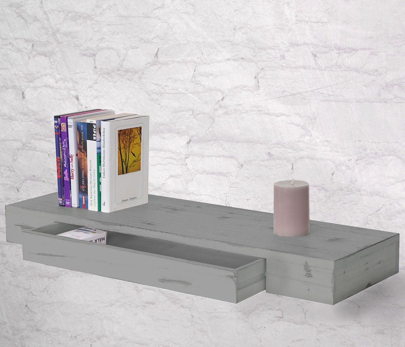 Wandregal Cher, H&auml;ngeregal Regal, 80cm Schublade ~ grau, shabby 