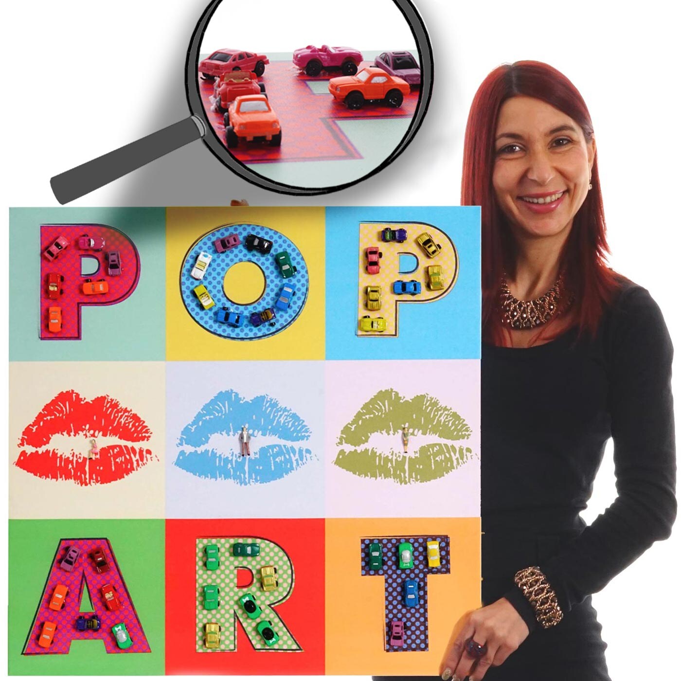 Wandbild Pop Art + Autos, Leinwandbild Gemälde 3D-Bild XL, 60x60cm