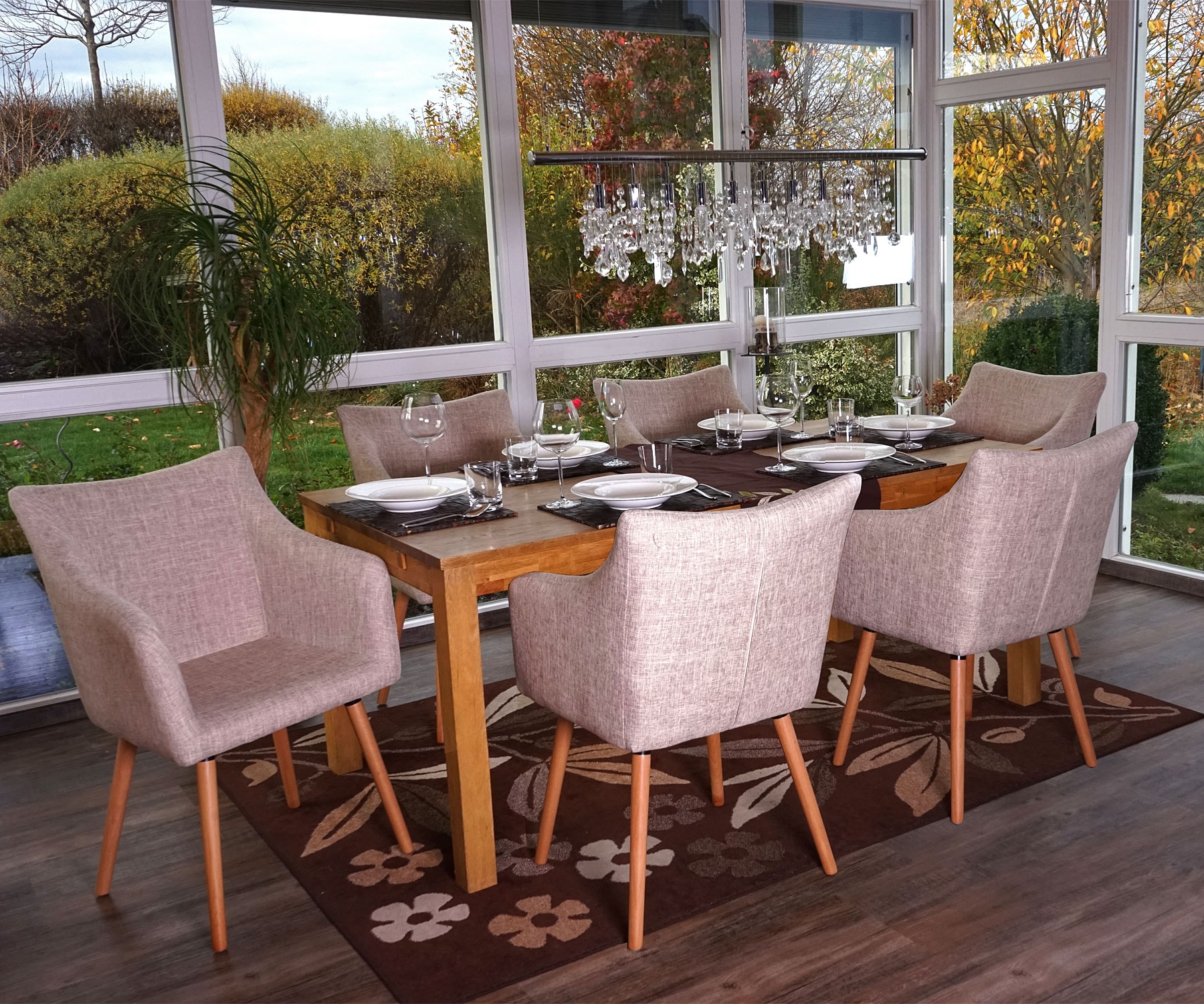 6er-Set Esszimmerstuhl Vaasa T382, Stuhl K&uuml;chenstuhl, Retro 50er Jahre Design ~ Textil, creme/grau 