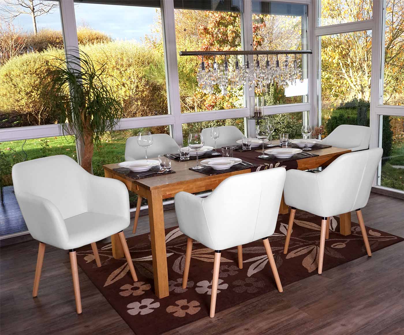 6er-Set Esszimmerstuhl Vaasa T381, Stuhl K&uuml;chenstuhl, Retro 50er Jahre Design ~ Kunstleder, wei&szlig;, helle Beine 