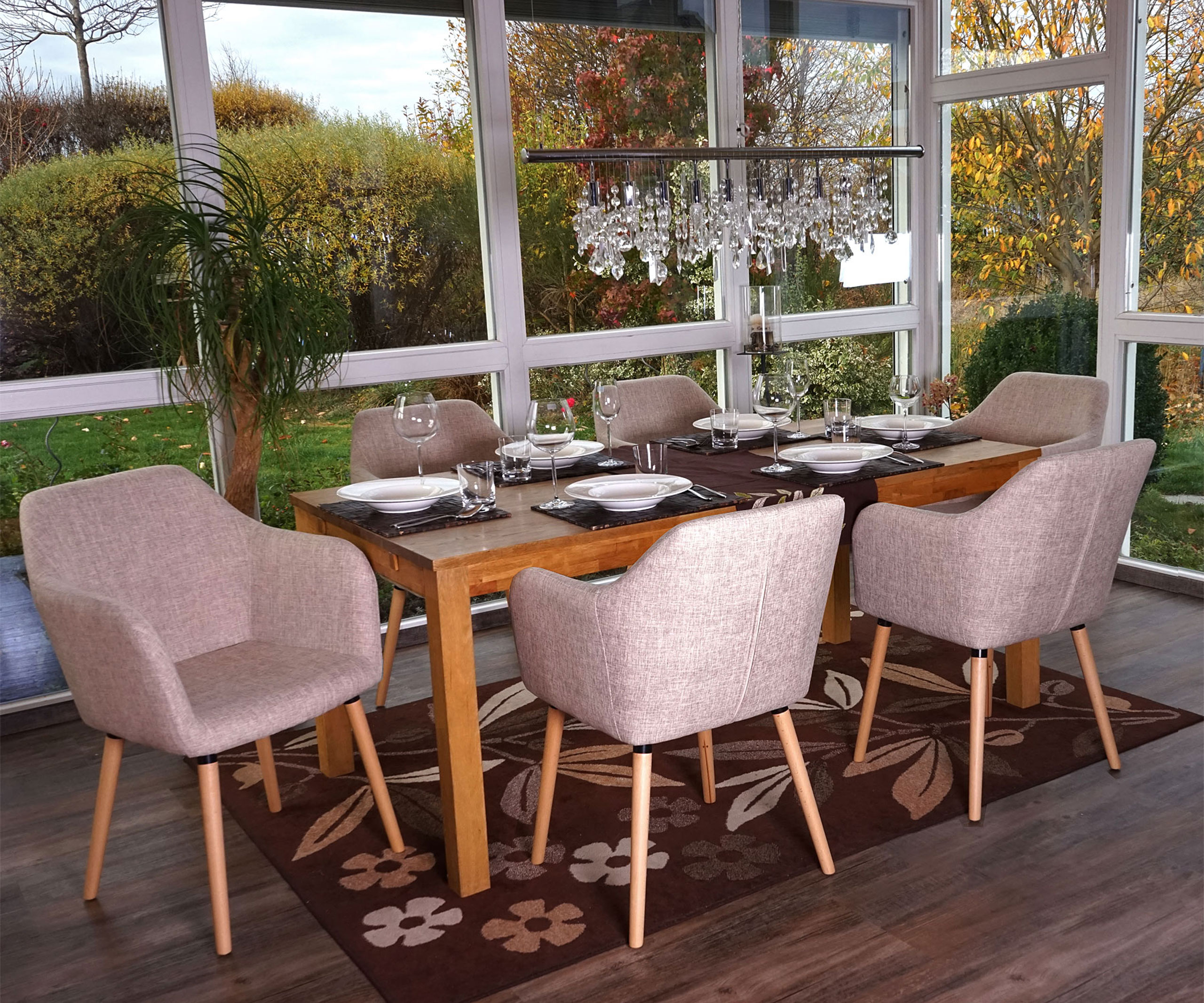 6er-Set Esszimmerstuhl Vaasa T381, Stuhl K&uuml;chenstuhl, Retro 50er Jahre Design ~ Textil, creme/grau, helle Beine 