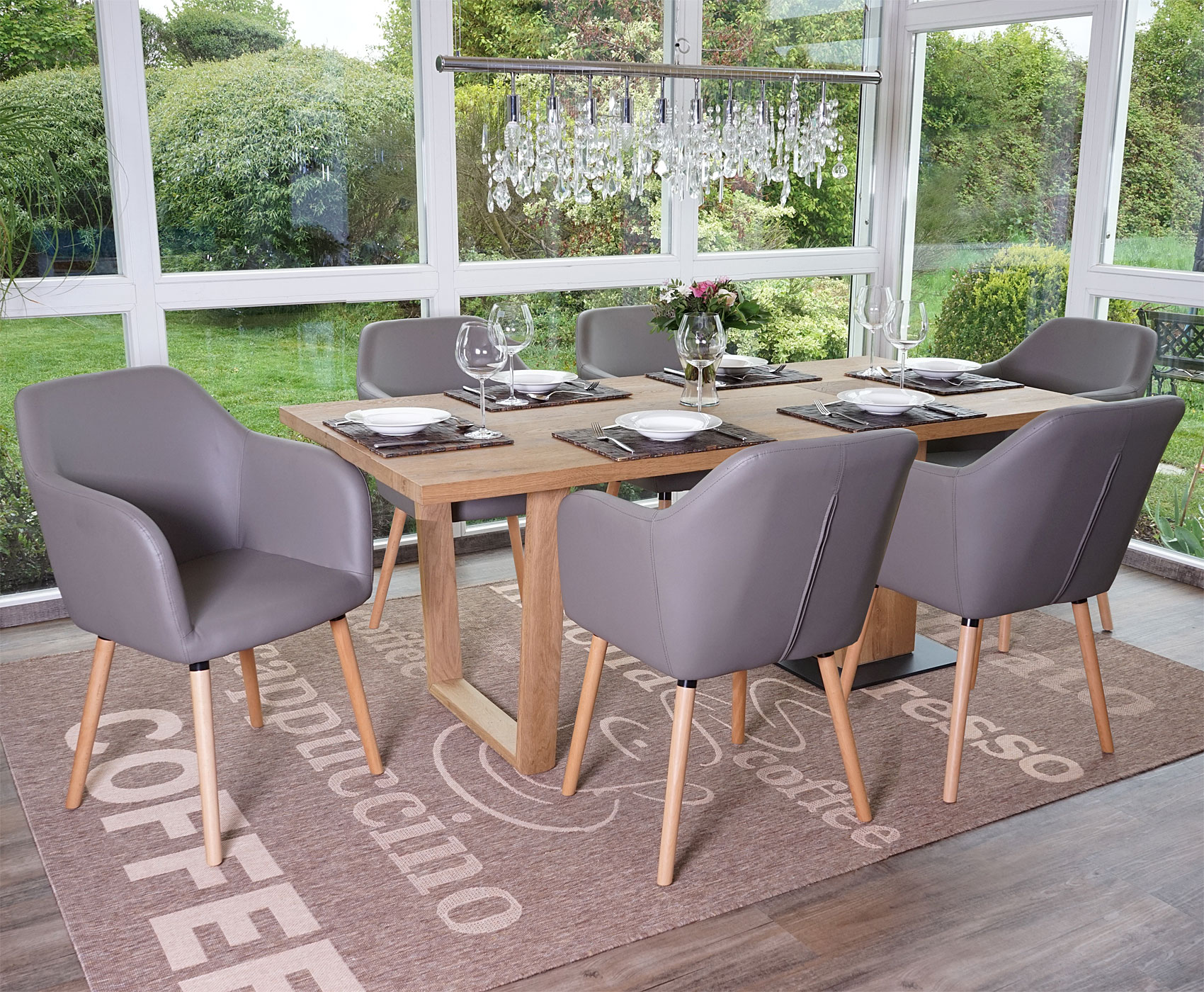 6er-Set Esszimmerstuhl Vaasa T381, Stuhl K&uuml;chenstuhl, Retro 50er Jahre Design ~ Kunstleder, taupe-grau, helle Beine 