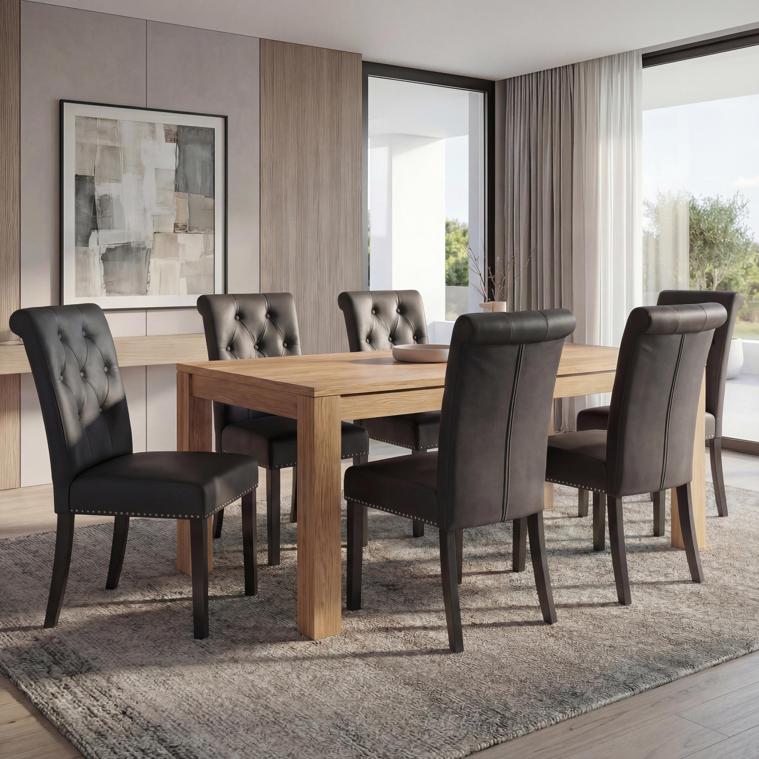 6er-Set Esszimmerstuhl Chesterfield Edinburgh II, Stuhl K&uuml;chenstuhl, Nieten ~ Kunstleder, schwarz, dunkle Beine 