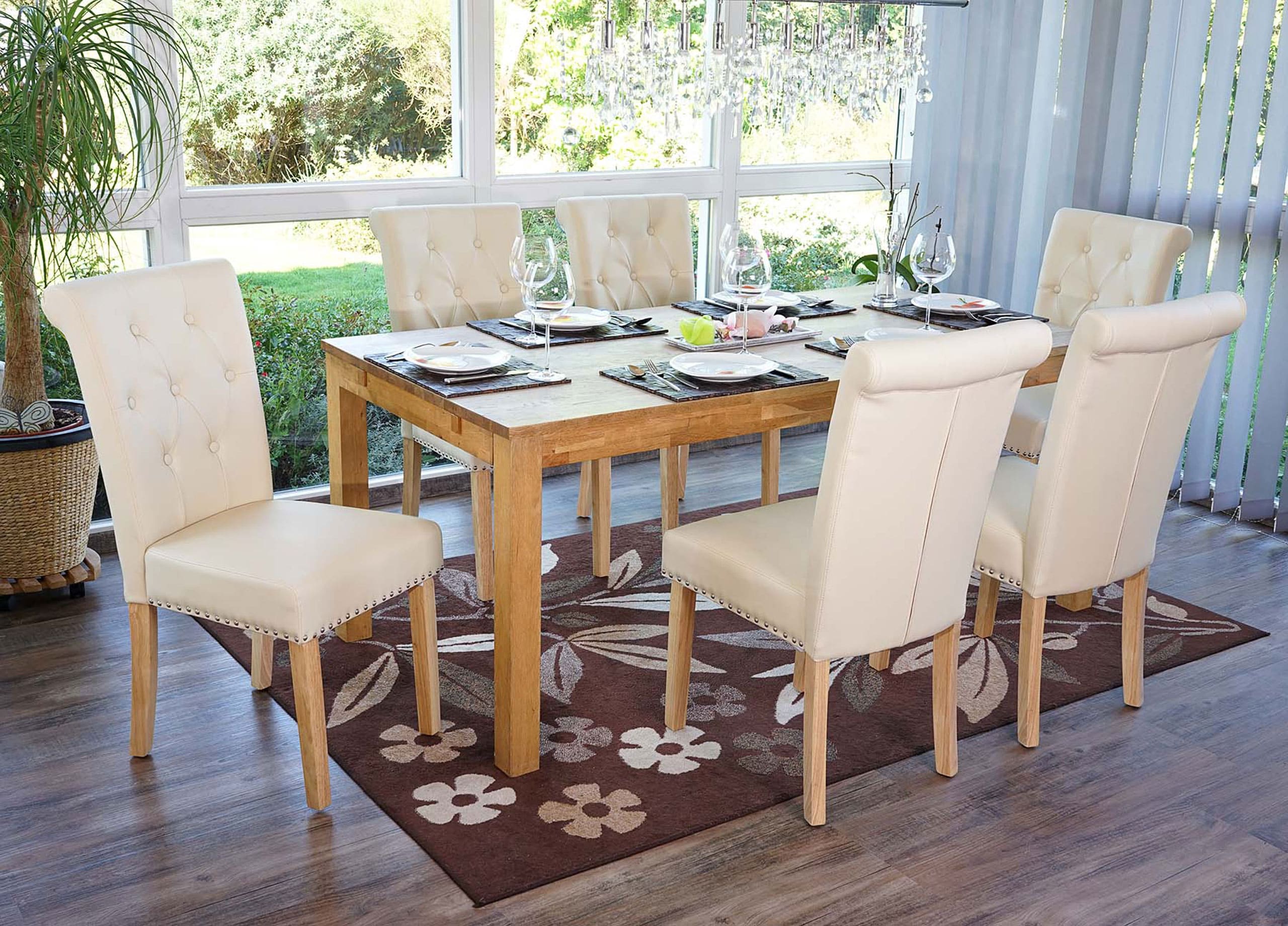 6er-Set Esszimmerstuhl Chesterfield Edinburgh II, Stuhl K&uuml;chenstuhl, Nieten ~ Kunstleder, creme, helle Beine 