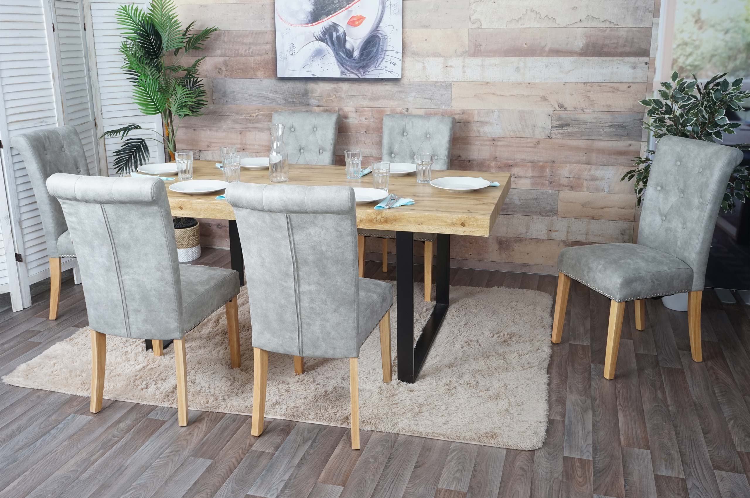 6er-Set Esszimmerstuhl Chesterfield II, Stuhl K&uuml;chenstuhl, Nieten ~ Stoff/Textil hellgrau, helle Beine 