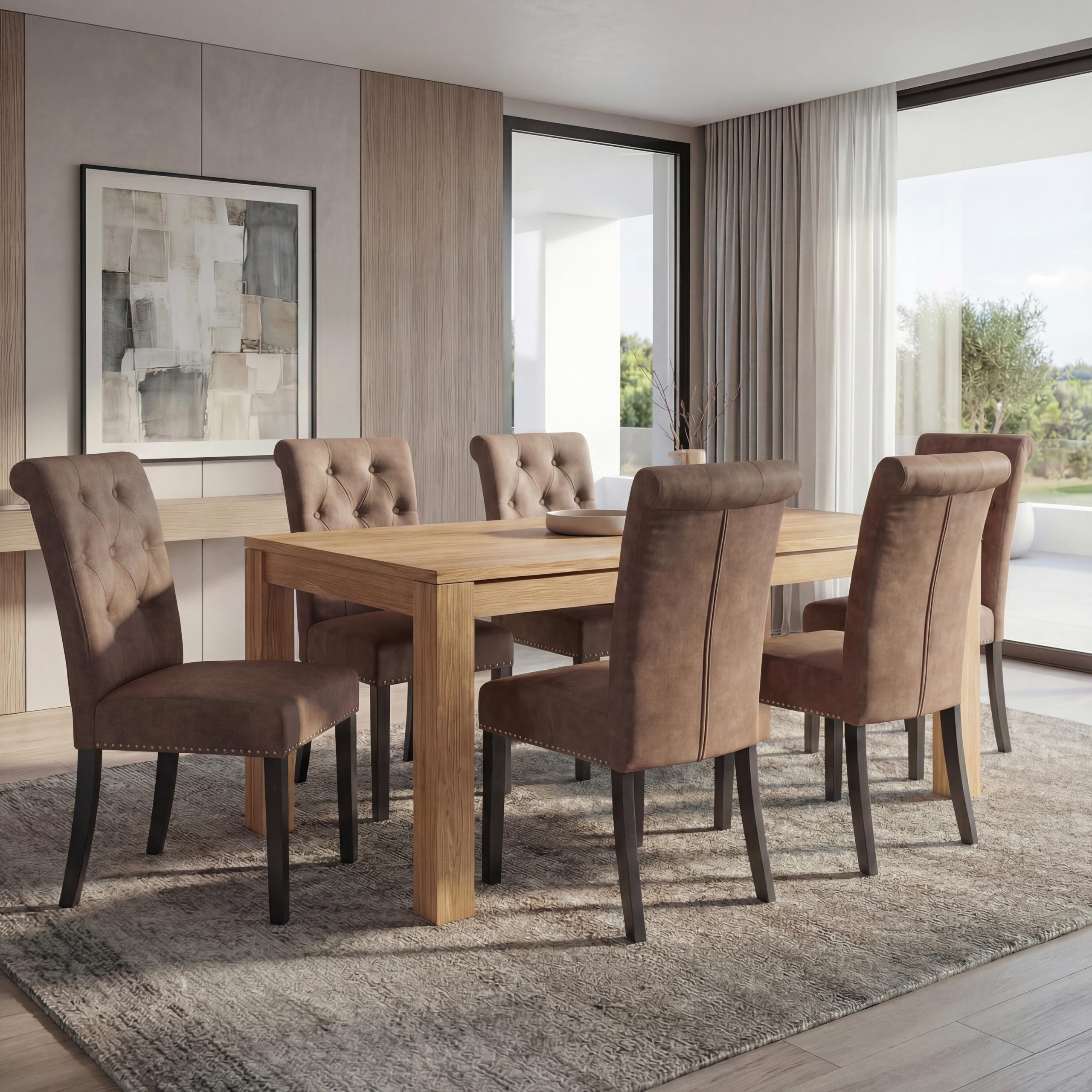 6er-Set Esszimmerstuhl Chesterfield II, Stuhl K&uuml;chenstuhl, Nieten ~ Stoff/Textil braun, dunkle Beine 