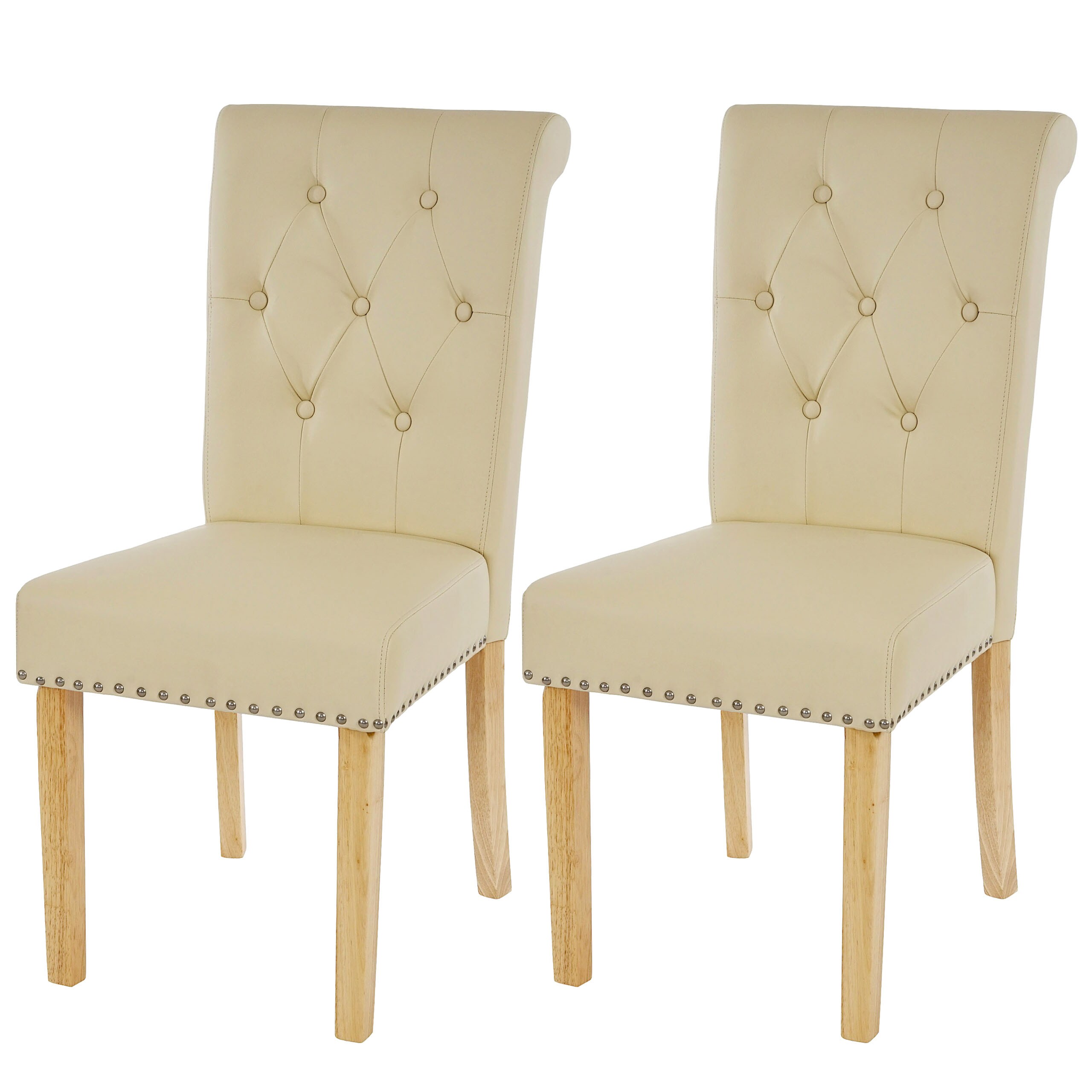 2er-Set Esszimmerstuhl Chesterfield Edinburgh II, Stuhl K&uuml;chenstuhl, Nieten ~ Kunstleder, creme, helle Beine 