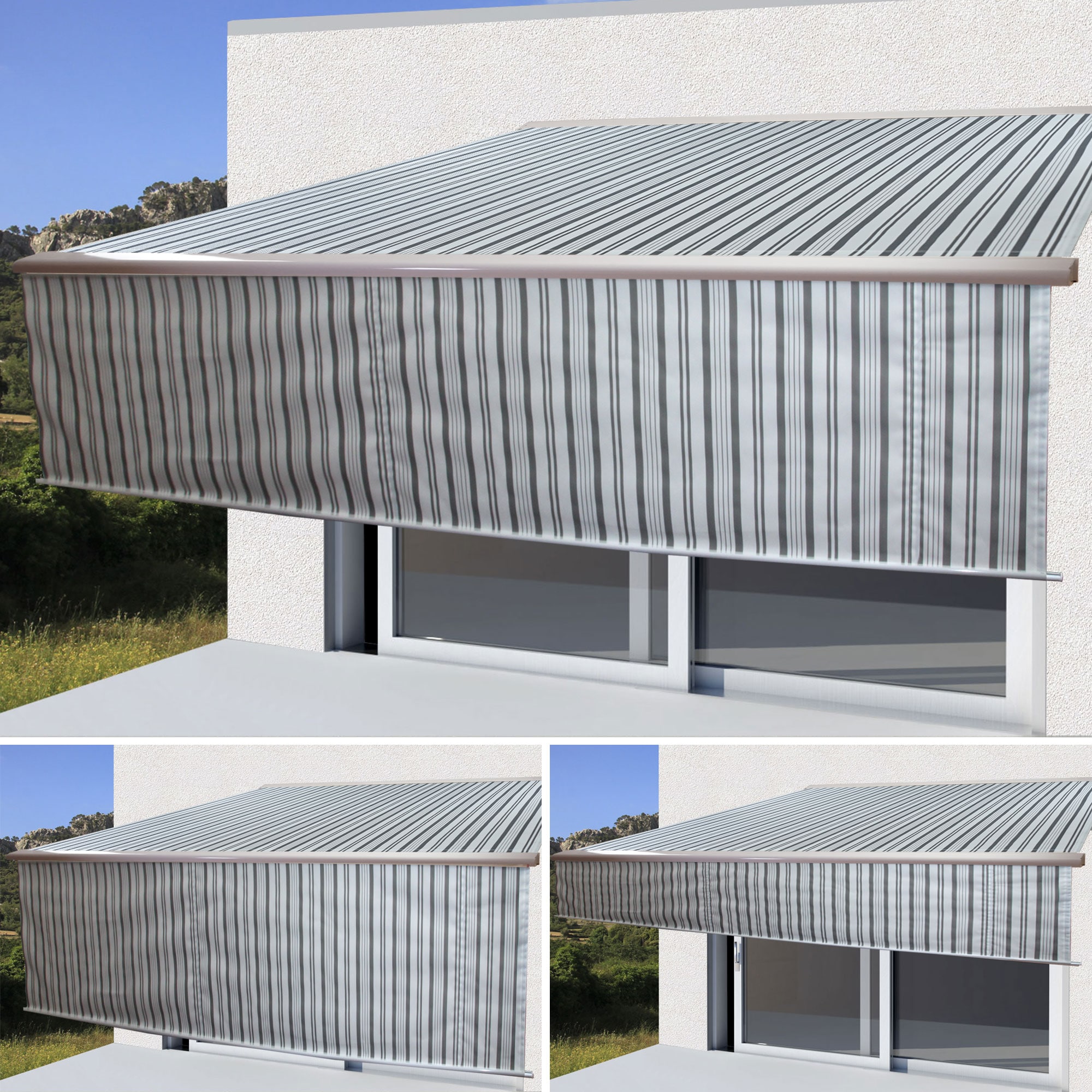 Elektrische Kassetten-Markise H124, Vollkassette, 5x3m ausfahrbarer Volant ~ Polyester Grau/Wei&szlig; 