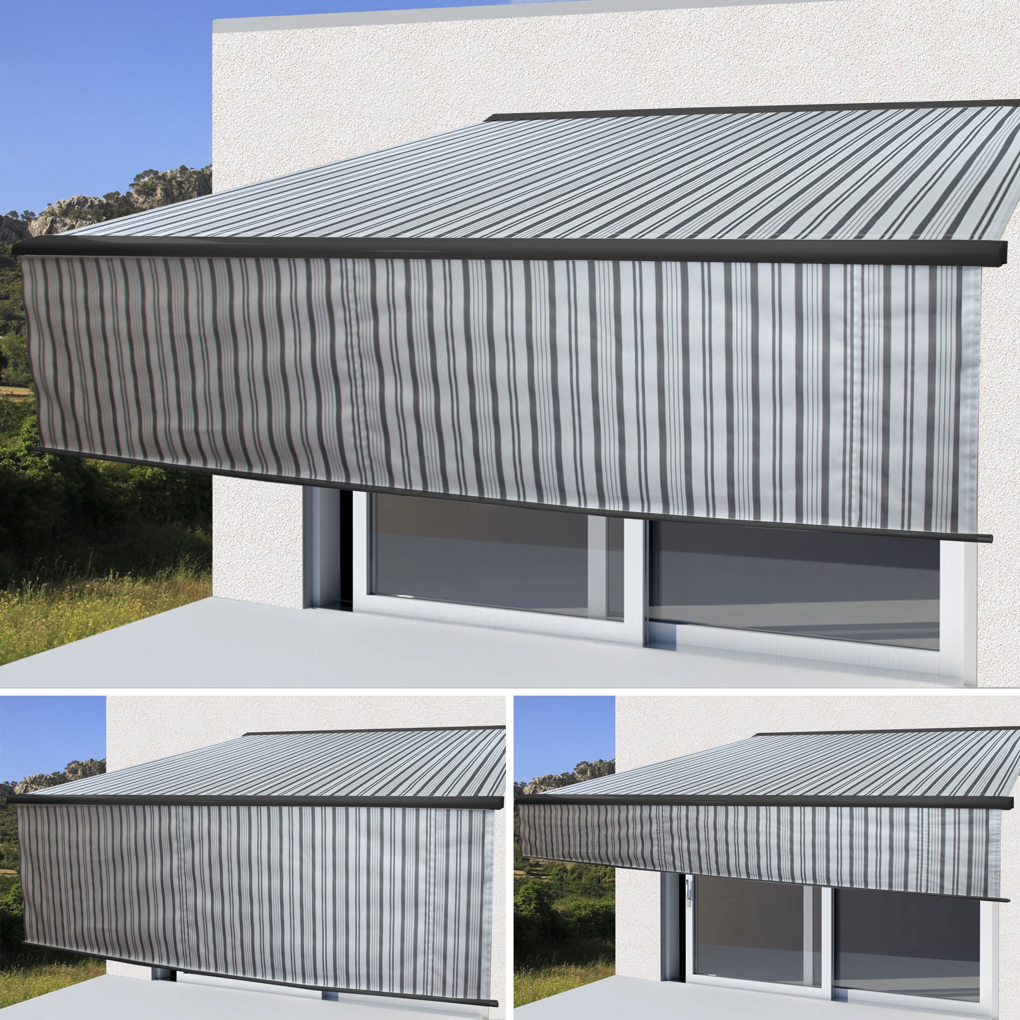 Elektrische Vollkassetten-Markise H124, 5x3m ausfahrbarer Volant ~ Polyester Grau/Wei&szlig;, anthrazit 
