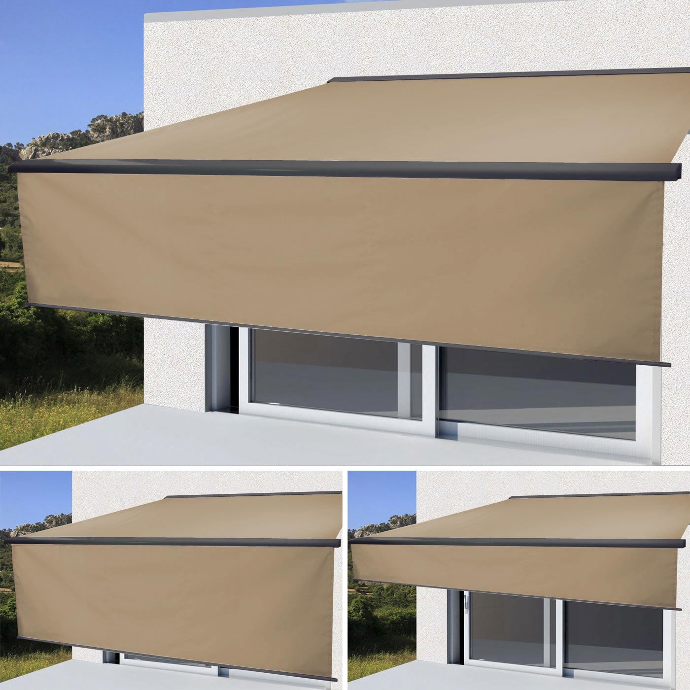 Elektrische Vollkassetten-Markise H124, 5x3m ausfahrbarer Volant ~ Polyester Creme, anthrazit 
