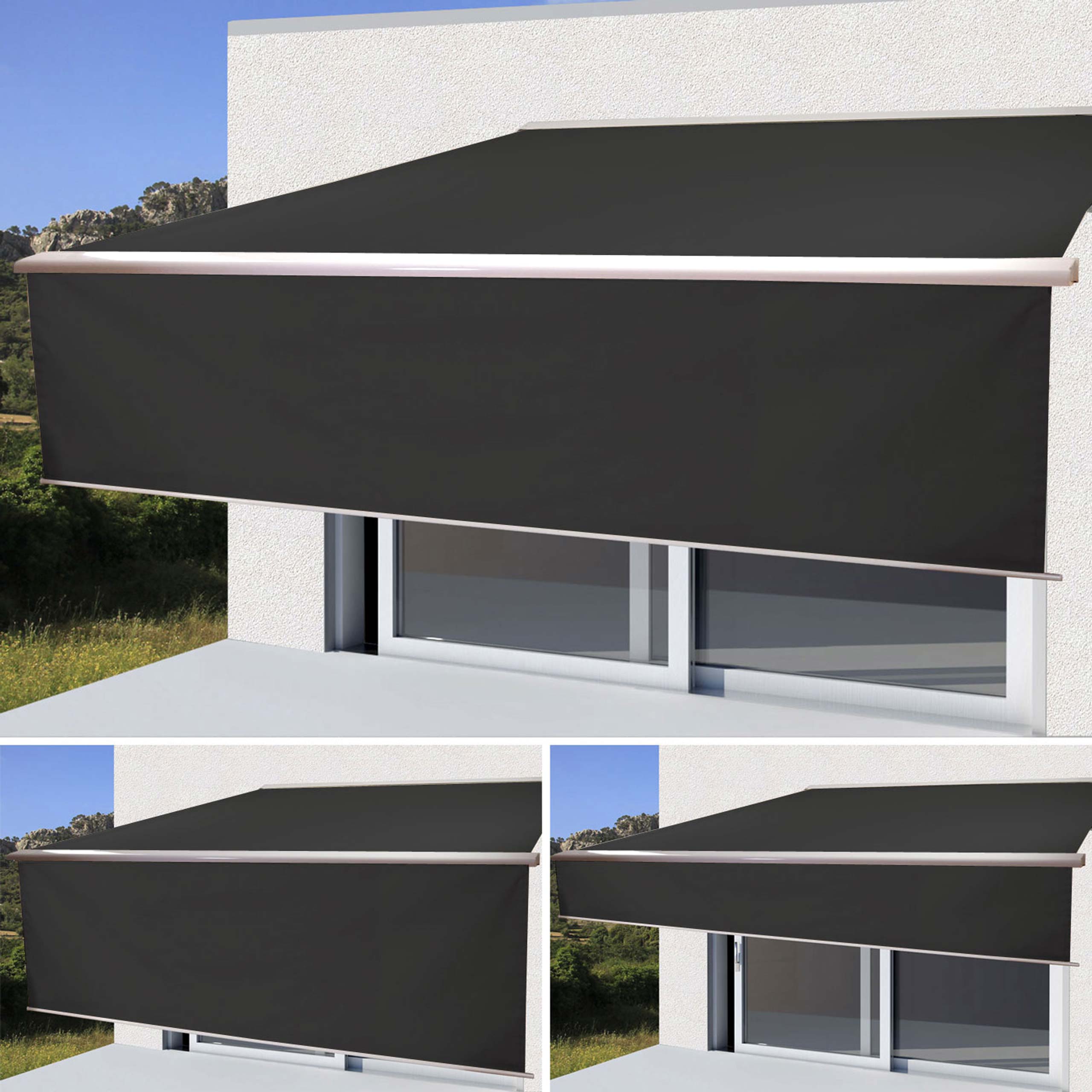 Elektrische Vollkassetten-Markise H124, 5x3m ausfahrbarer Volant ~ Polyester anthrazit 