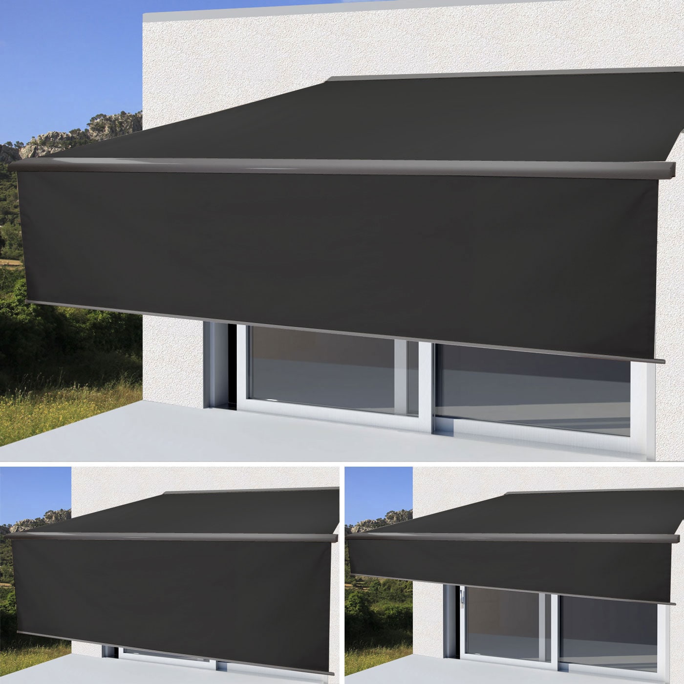 Elektrische Vollkassetten-Markise H124, 4,5x3m ausfahrbarer Volant ~ Polyester Anthrazit, grau 