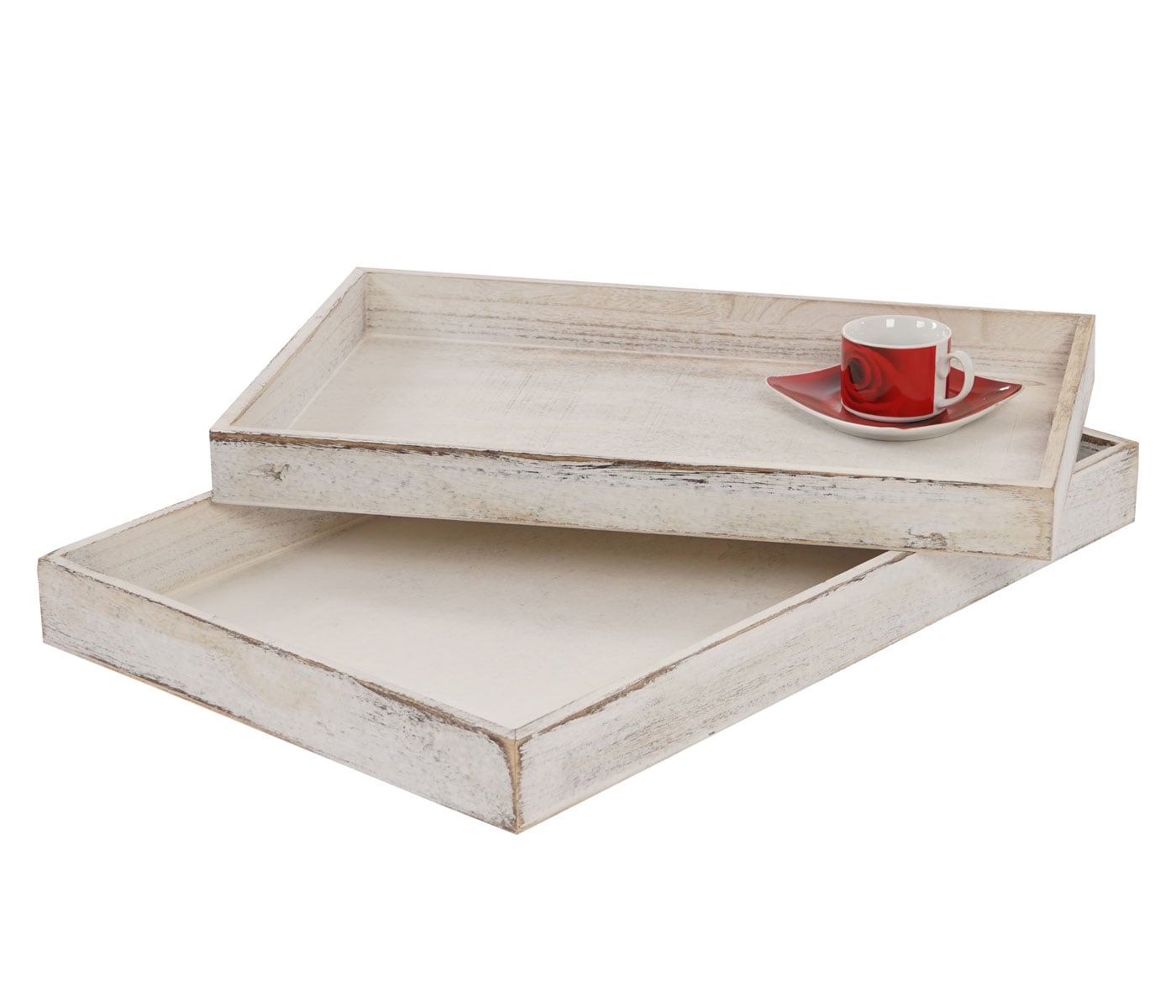 2er Set Schale H285, Serviertablett Fr&uuml;hst&uuml;ckstablett Holztablett Dekotablett, Shabby-Look Vintage ~ wei&szlig; 