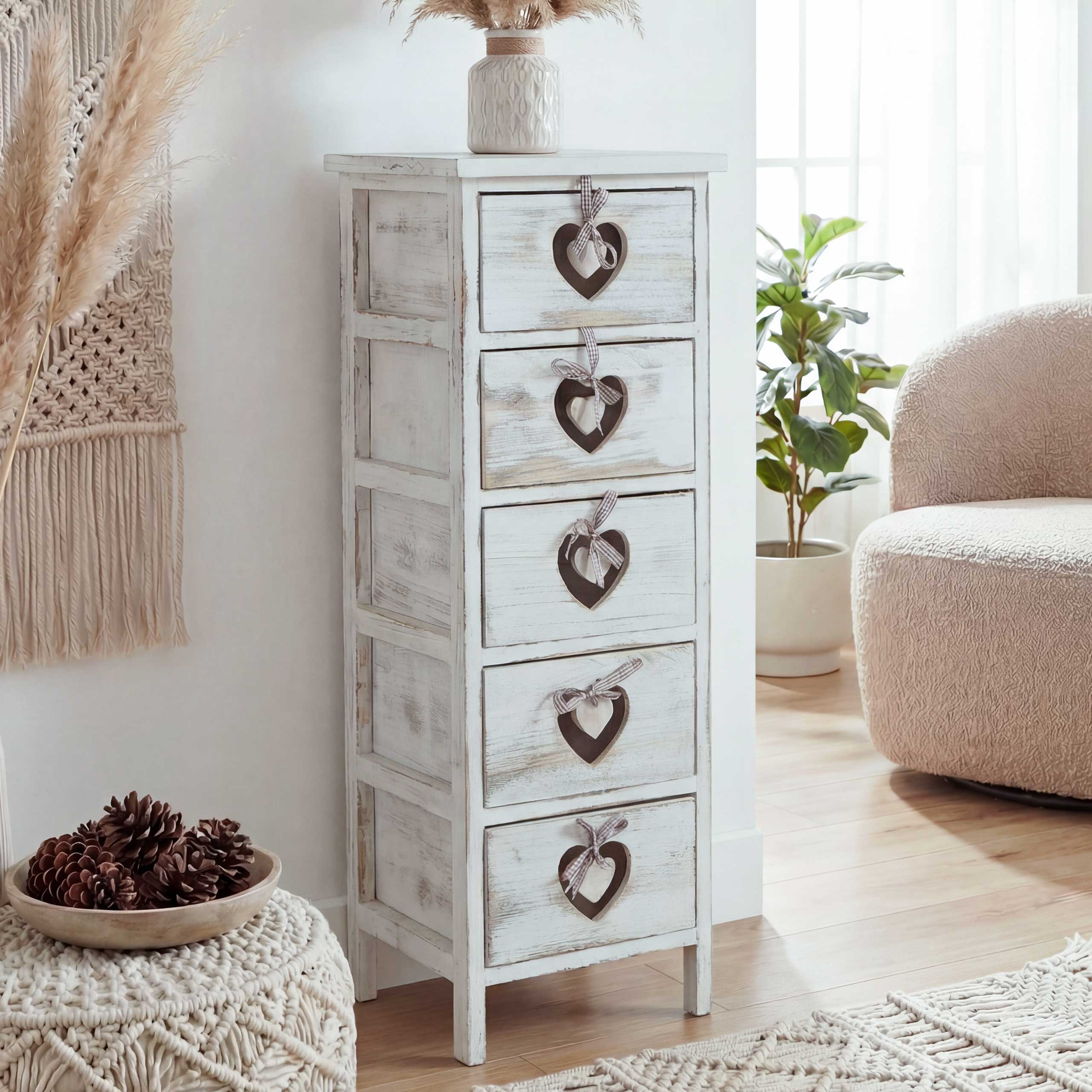 Kommode Sues, Schubladenkommode Schrank, 5 Schubladen mit Herzen 86x29x25cm, Shabby-Look, Vintage 