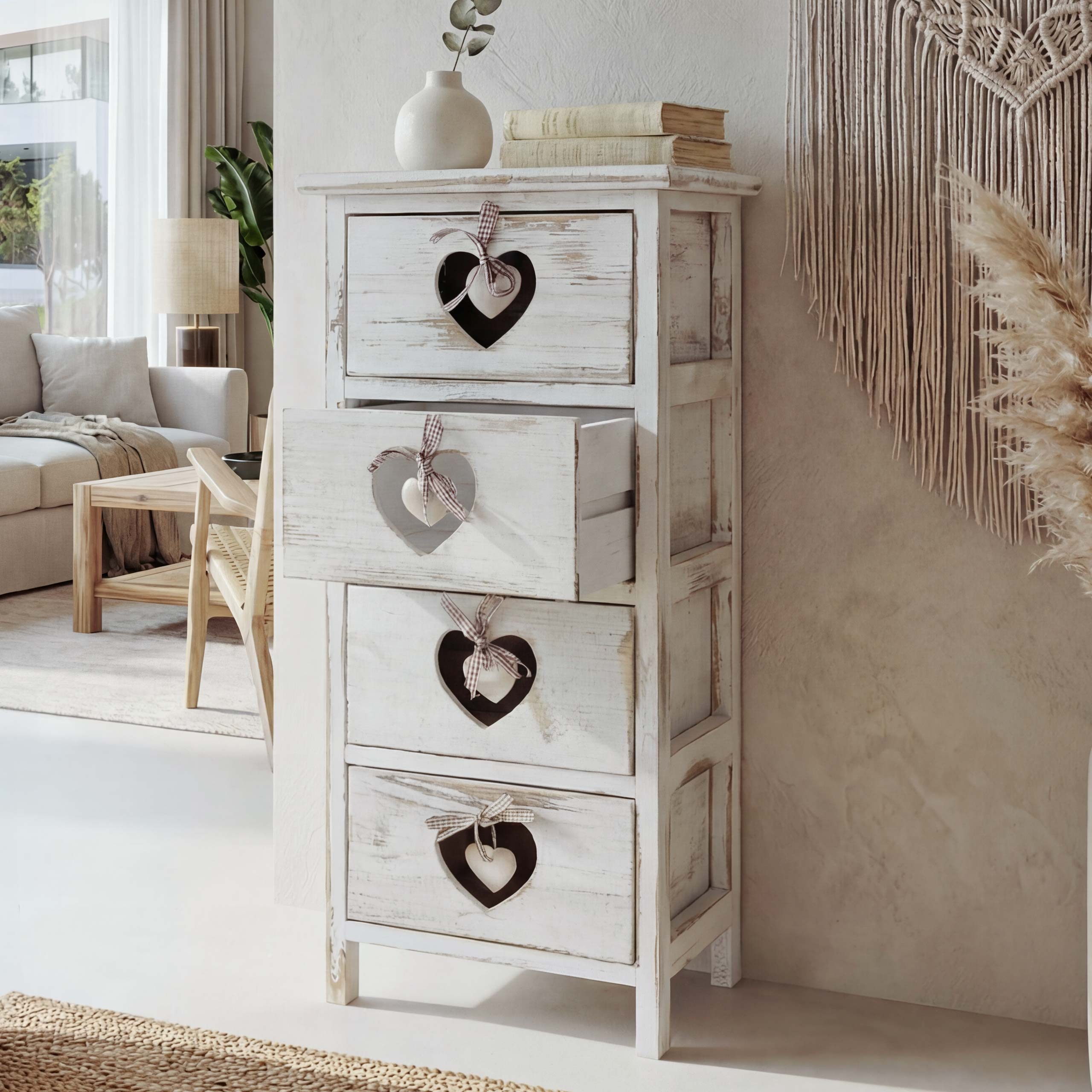 Kommode Sues, Schubladenkommode Schrank, 4 Schubladen mit Herzen 70x29x25cm, Shabby-Look, Vintage ~ wei&szlig; 