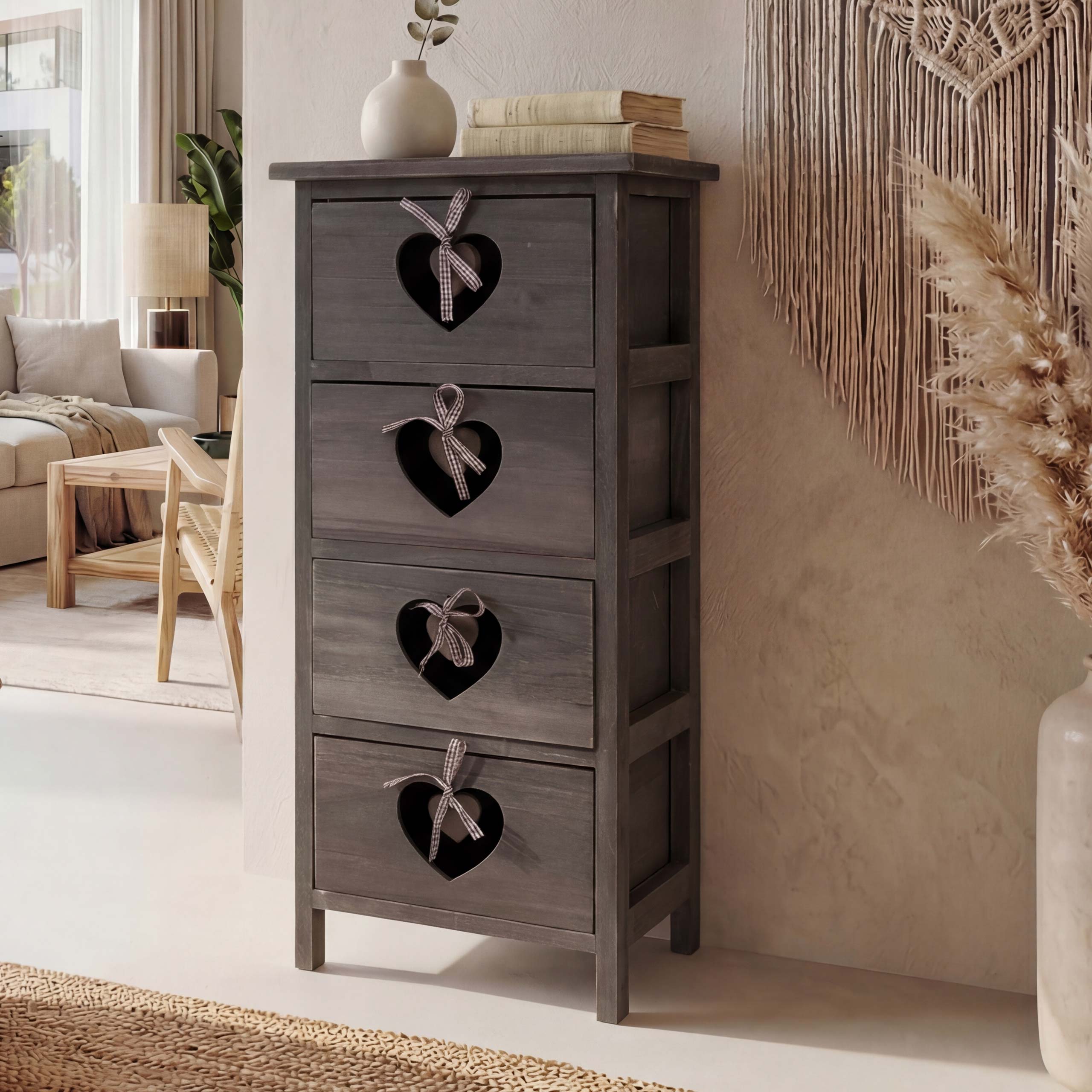 Kommode Sues, Schubladenkommode Schrank, 4 Schubladen mit Herzen 70x29x25cm, Shabby-Look, Vintage ~ grau-braun 