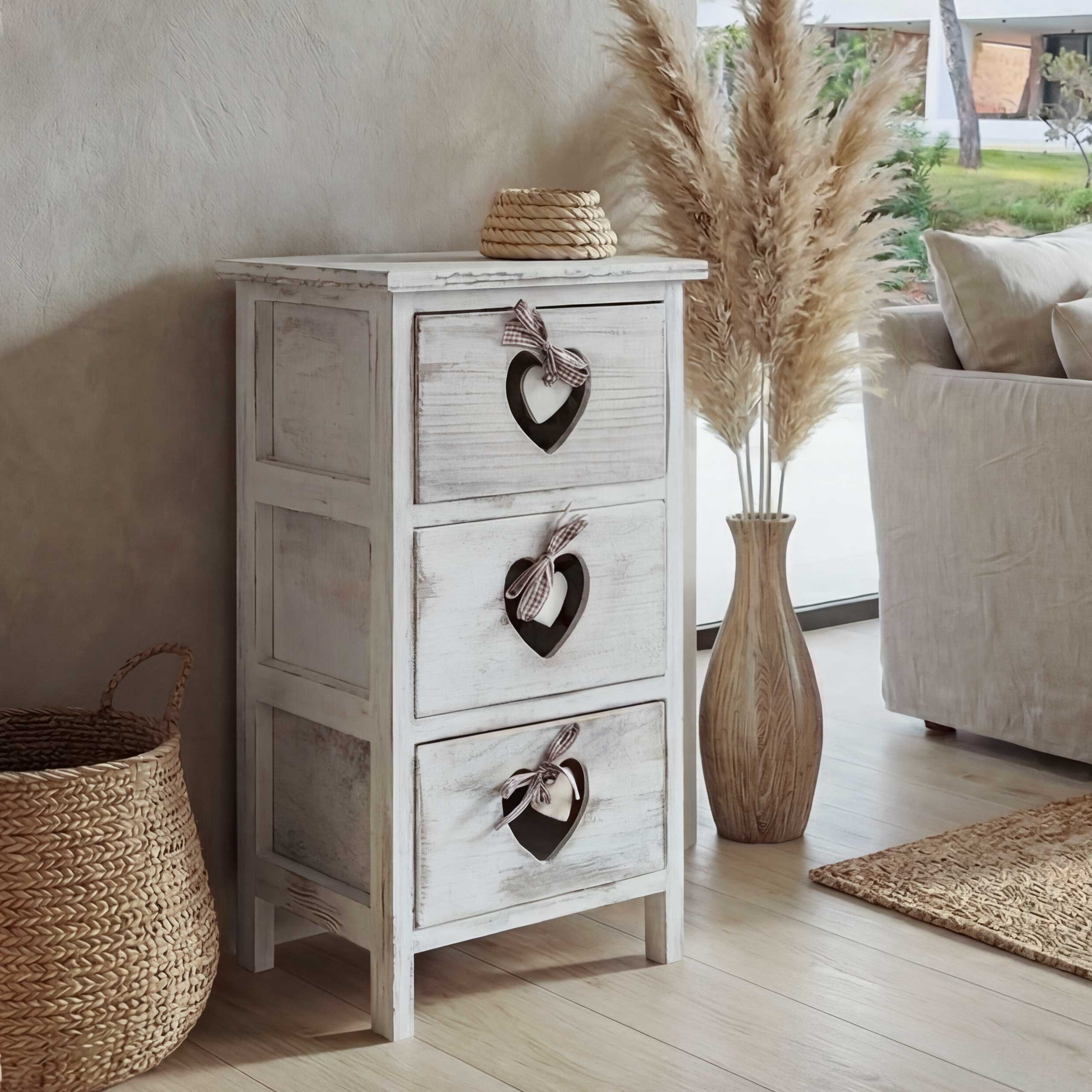 Kommode Sues, Schubladenkommode Schrank, 3 Schubladen mit Herzen 55x29x25cm, Shabby-Look, Vintage 