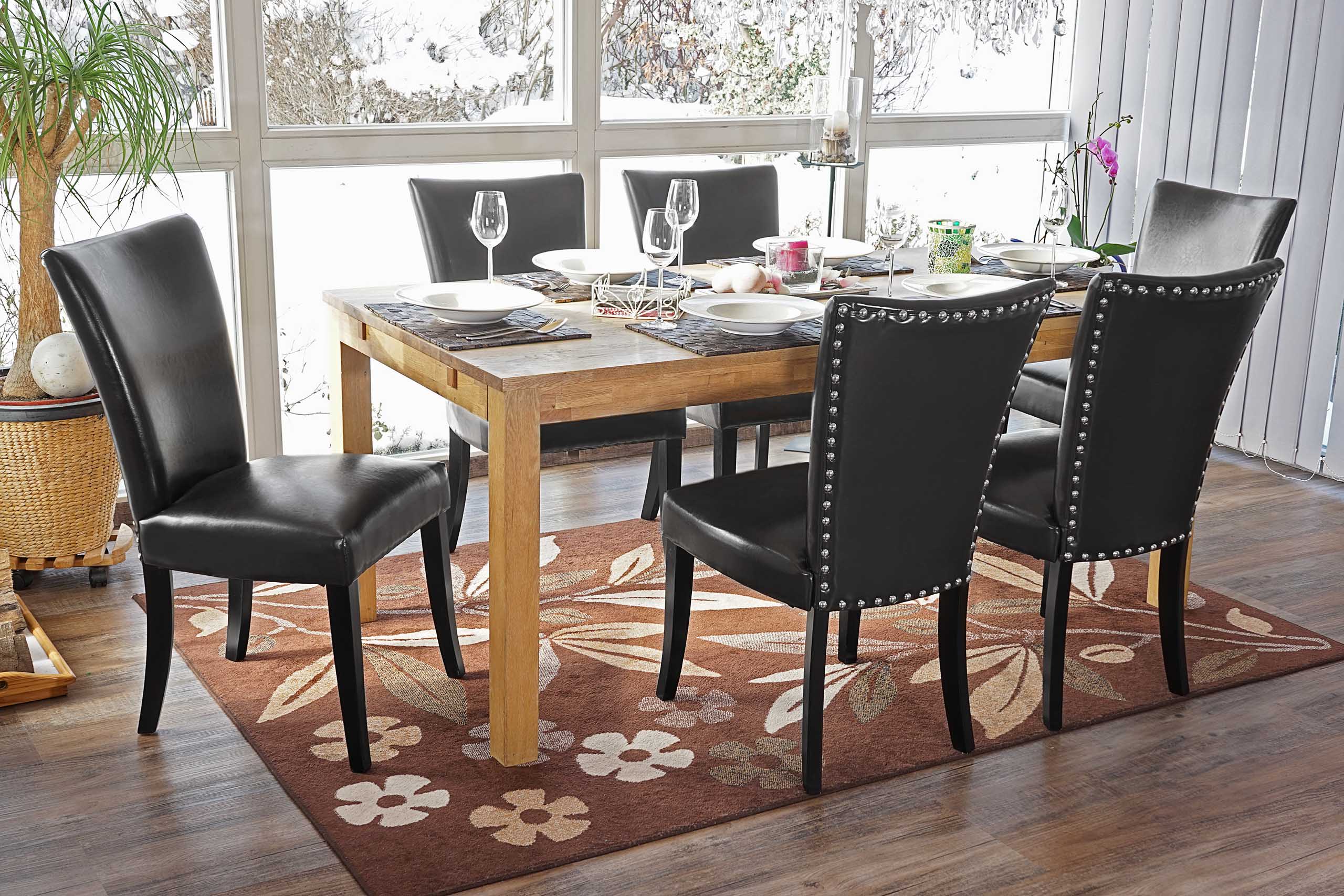 6er-Set Esszimmerstuhl Chesterfield Edinburgh, Stuhl K&uuml;chenstuhl, Nieten MVG-zertifiziert ~ Kunstleder, schwarz, helle Beine 