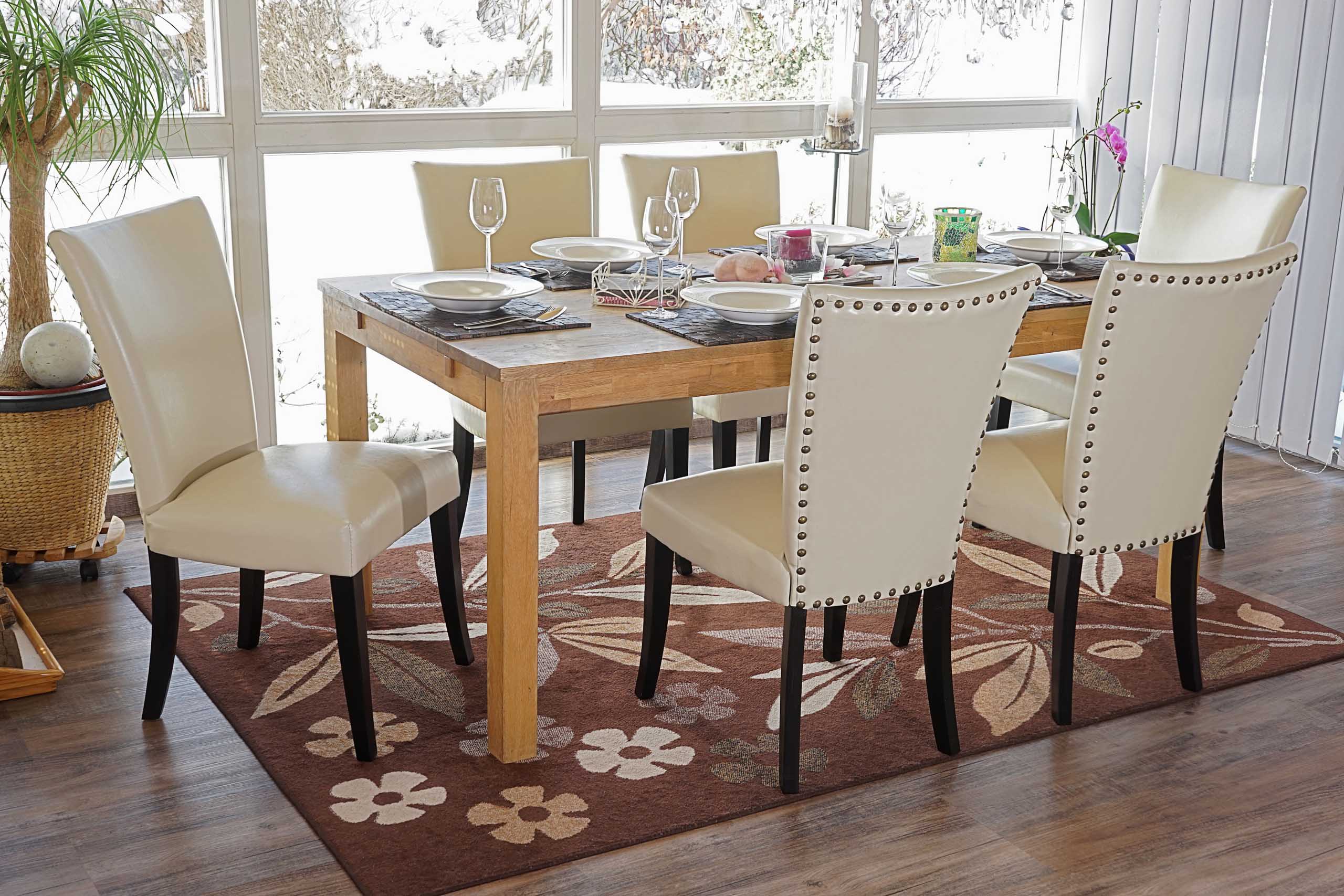 6er-Set Esszimmerstuhl Chesterfield Edinburgh, Stuhl K&uuml;chenstuhl, Nieten MVG-zertifiziert ~ Kunstleder, creme, helle Beine 