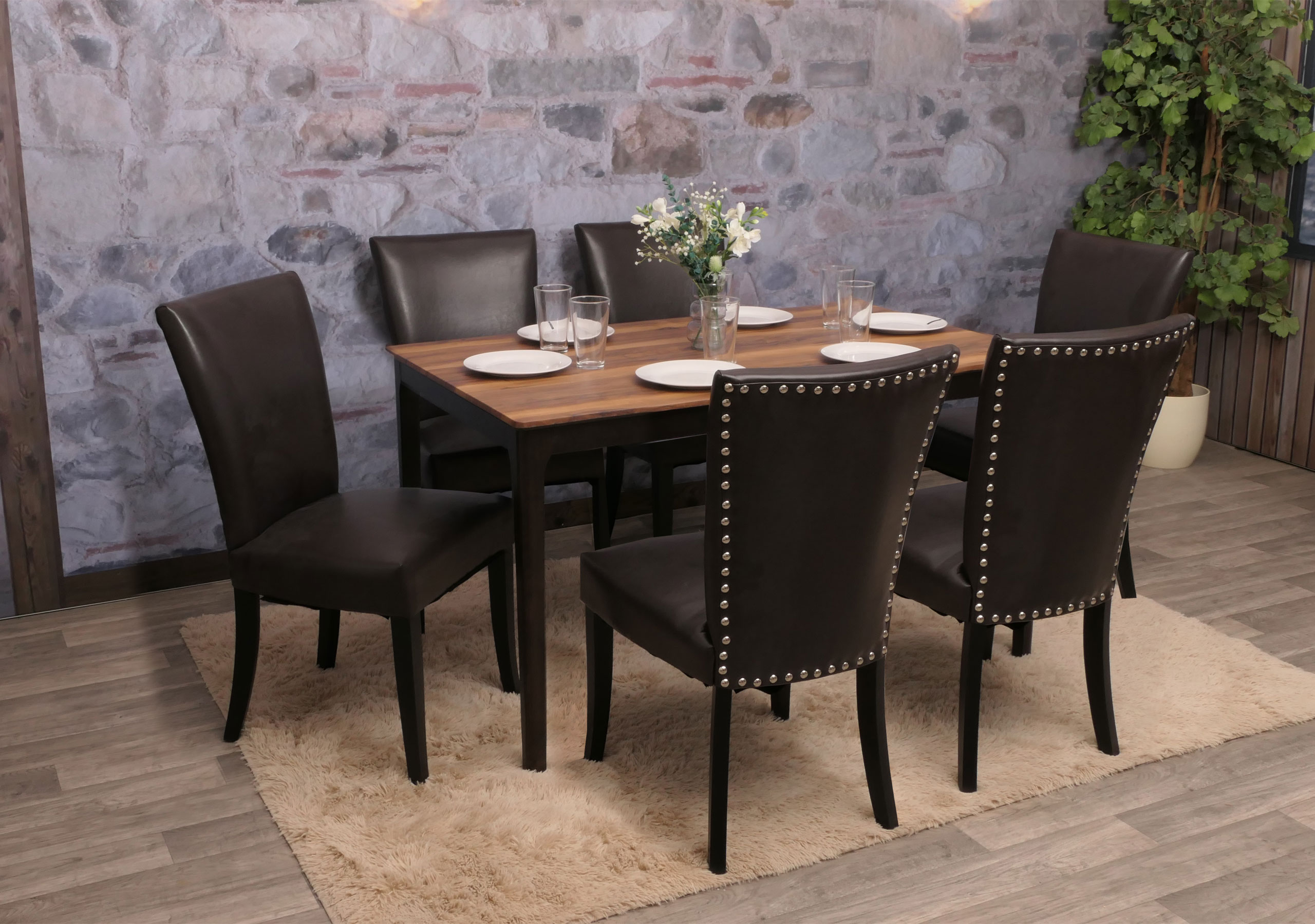 6er-Set Esszimmerstuhl Chesterfield Edinburgh, Stuhl K&uuml;chenstuhl, Nieten MVG-zertifiziert ~ Kunstleder, braun, helle Beine 