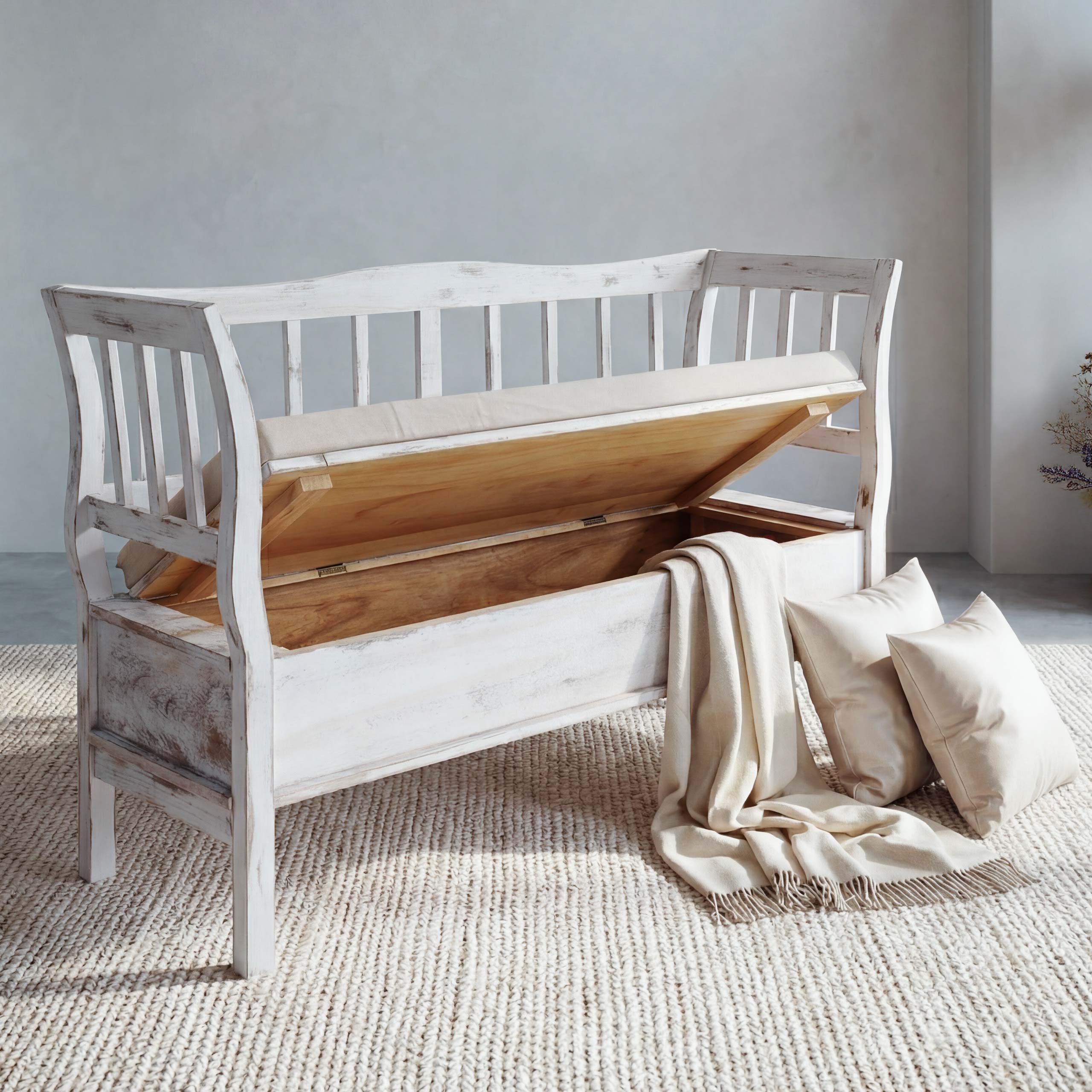 Sitzbank H207, Bank Truhenbank Holzbank Aufbewahrungstruhe, Staufach Kissen Holz 119cm ~ wei&szlig;, shabby 