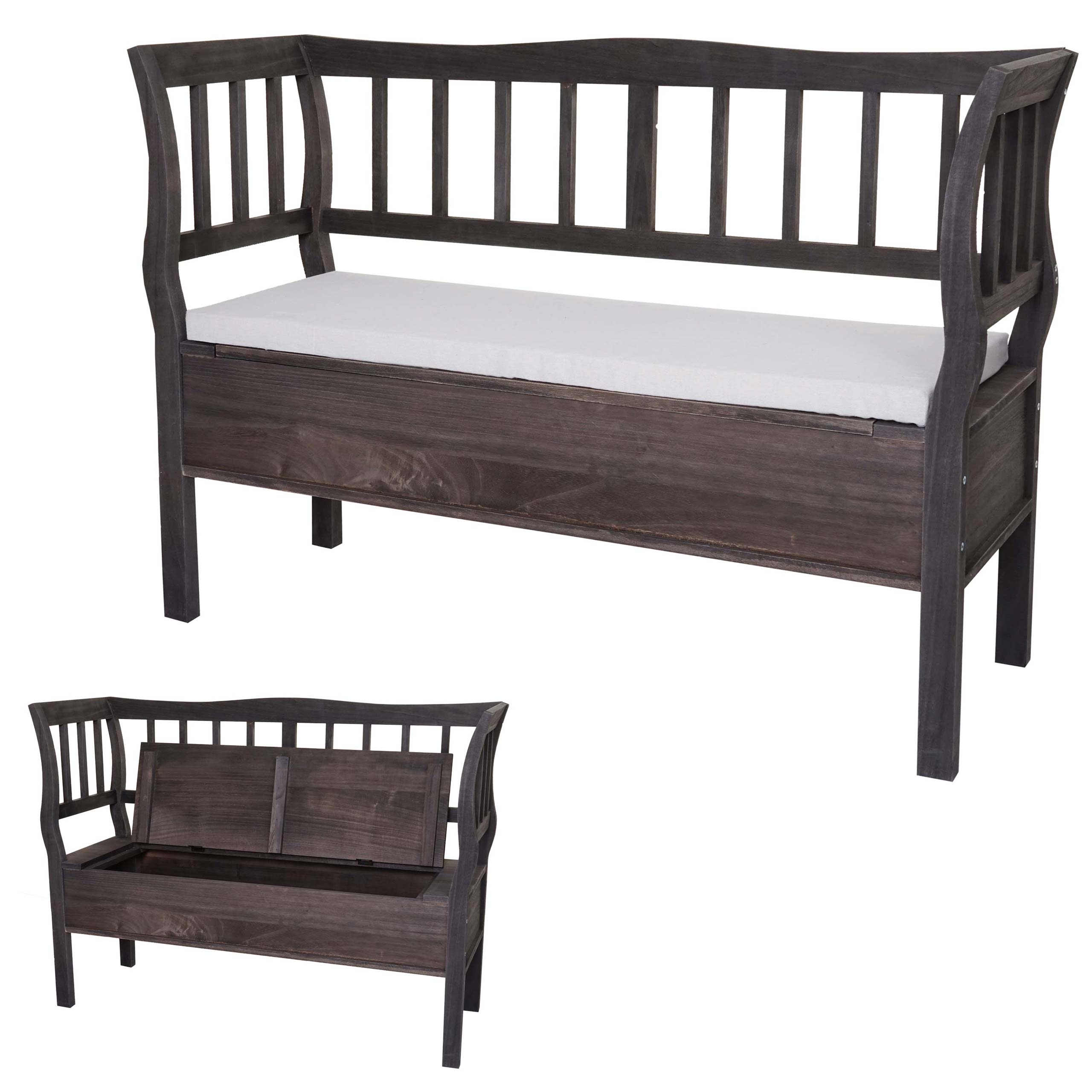 Sitzbank H207, Bank Truhenbank Holzbank Aufbewahrungstruhe, Staufach Kissen Holz 119cm ~ grau-braun, shabby 