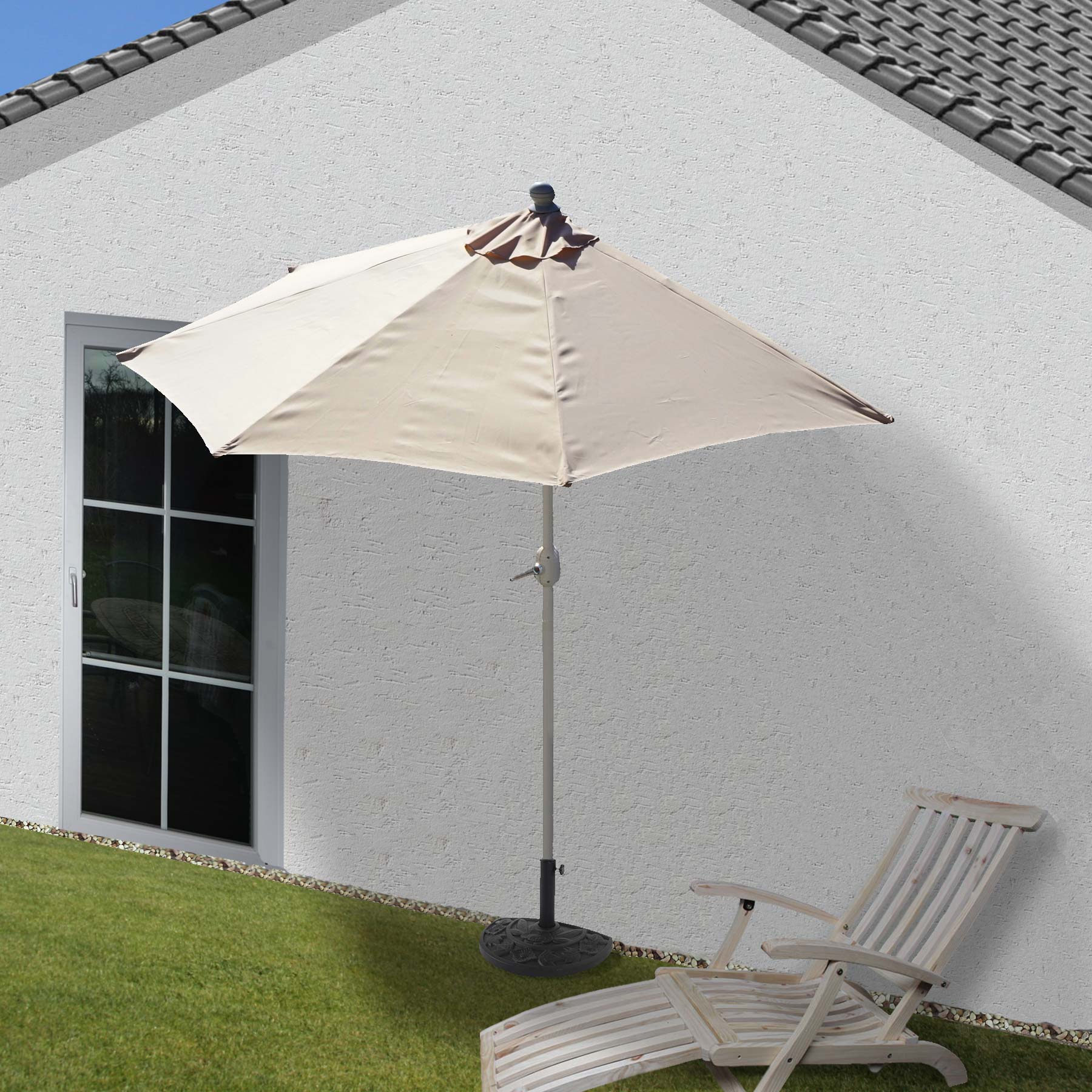 Sonnenschirm halbrund Lorca, Halbschirm Balkonschirm, UV 50+ Polyester/Alu 3kg ~ 270cm creme mit St&auml;nder 