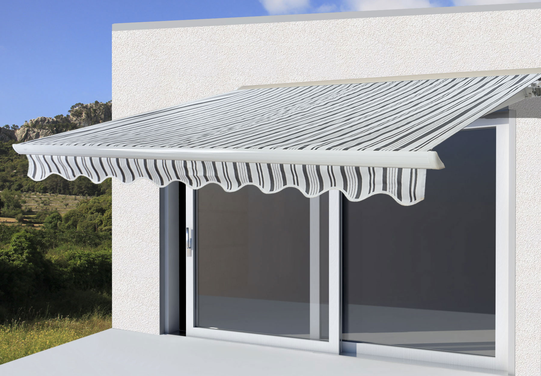 Elektrische Kassetten-Markise H124, Vollkassette Volant 5x3m ~ Polyester Grau/Wei&szlig; 