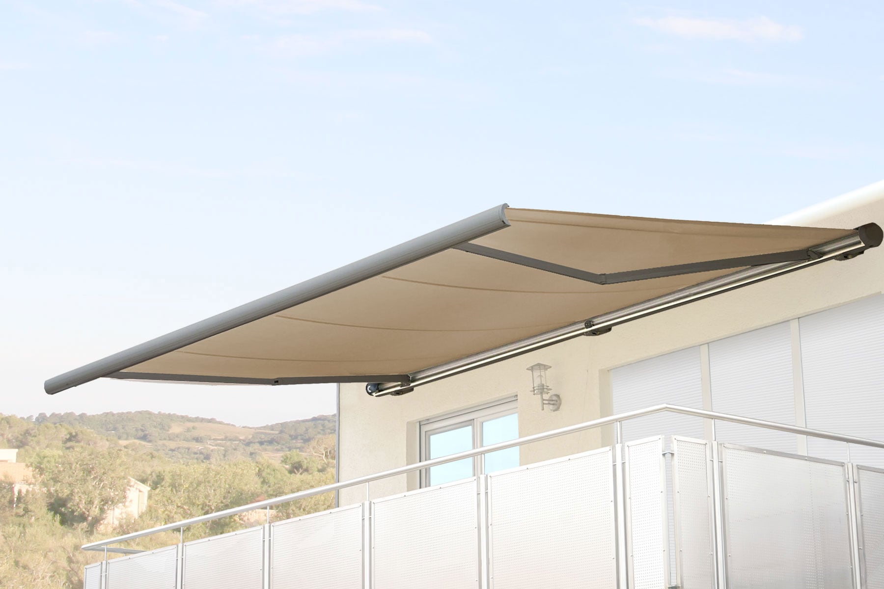 Elektrische Kassettenmarkise H122, Markise Vollkassette 4x3m ~ Polyester Creme, Rahmen grau 