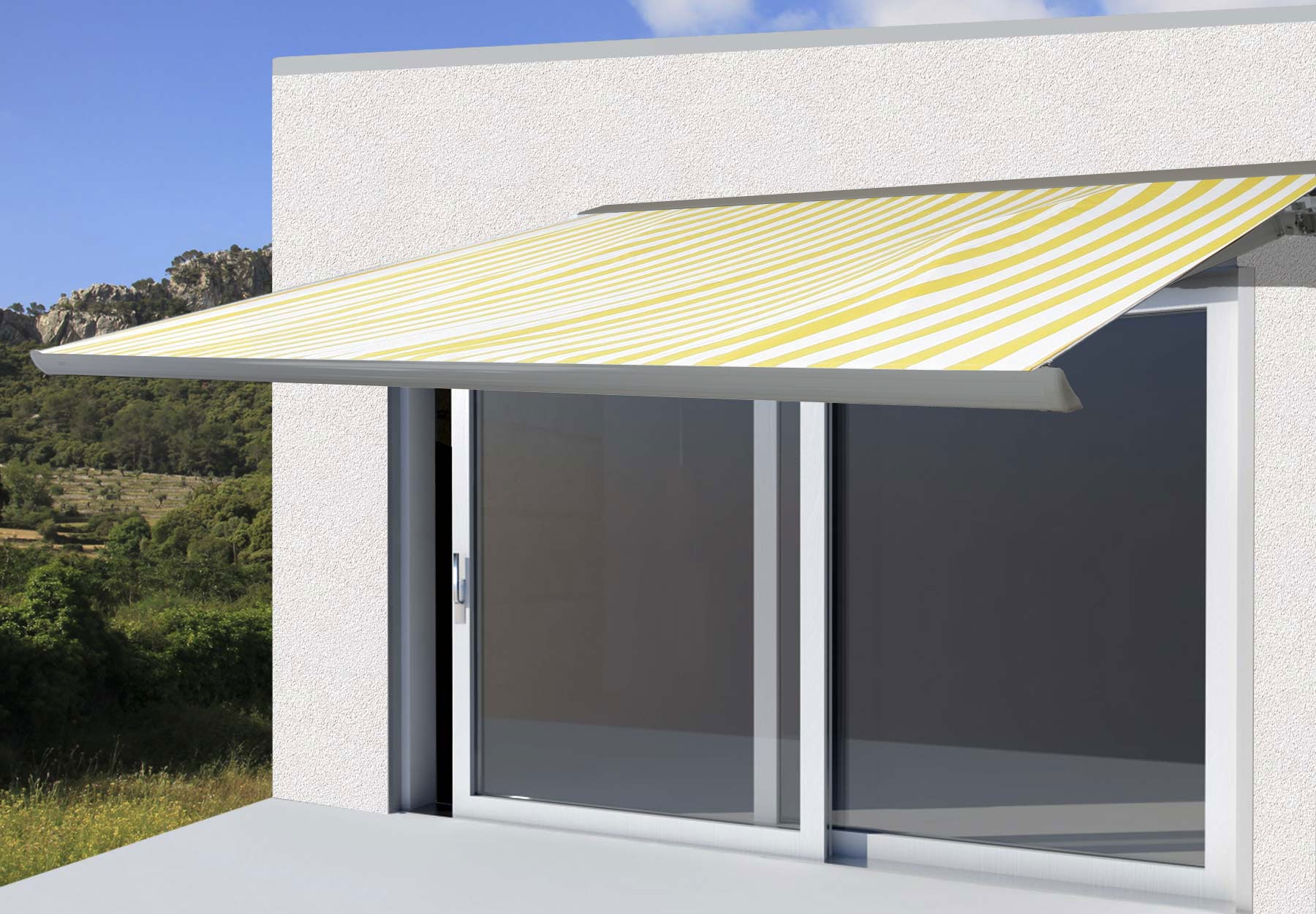 Elektrische Kassettenmarkise H122, Markise Vollkassette 4x3m ~ Polyester Gelb/Wei&szlig;, Rahmen grau 