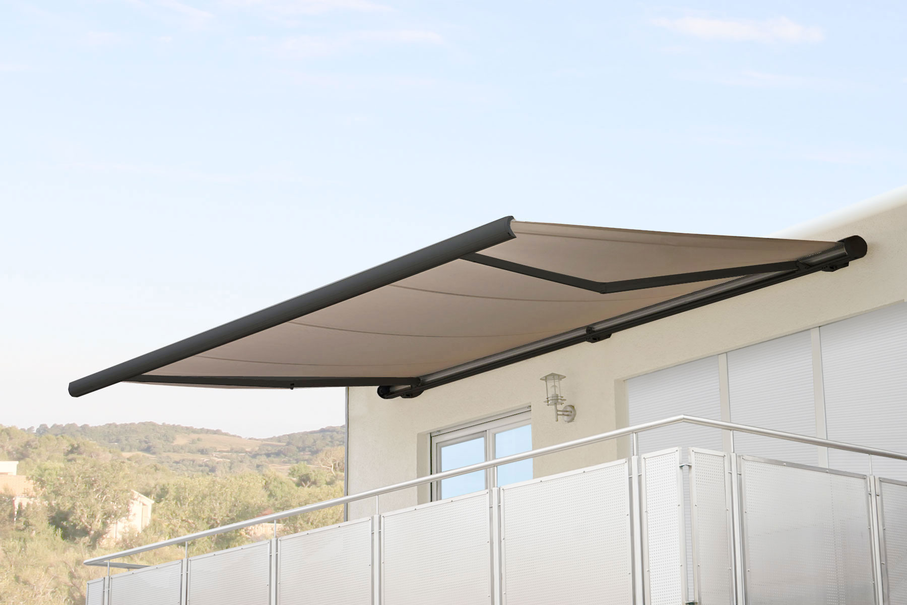 Elektrische Kassettenmarkise H122, Markise Vollkassette 4x3m ~ Polyester Sand, Rahmen anthrazit 