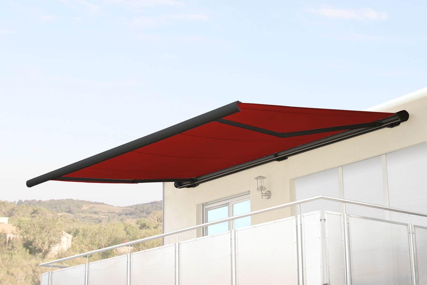 Elektrische Kassettenmarkise H122, Markise Vollkassette 4x3m ~ Polyester bordeaux-rot, Rahmen anthrazit