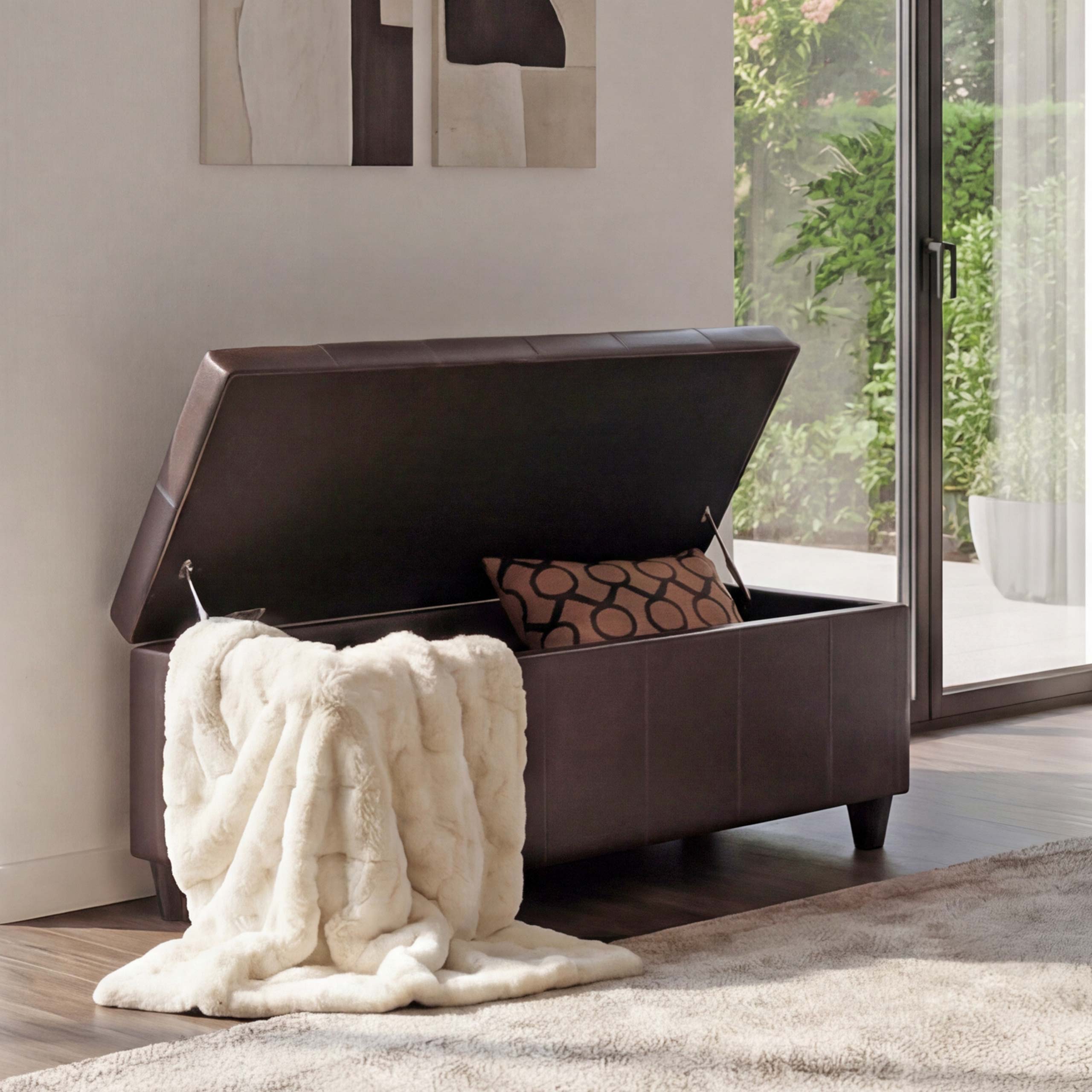 Aufbewahrungs-Truhe Kriens, Sitzbank Bank, Kunstleder, 45x114x45cm ~ braun 