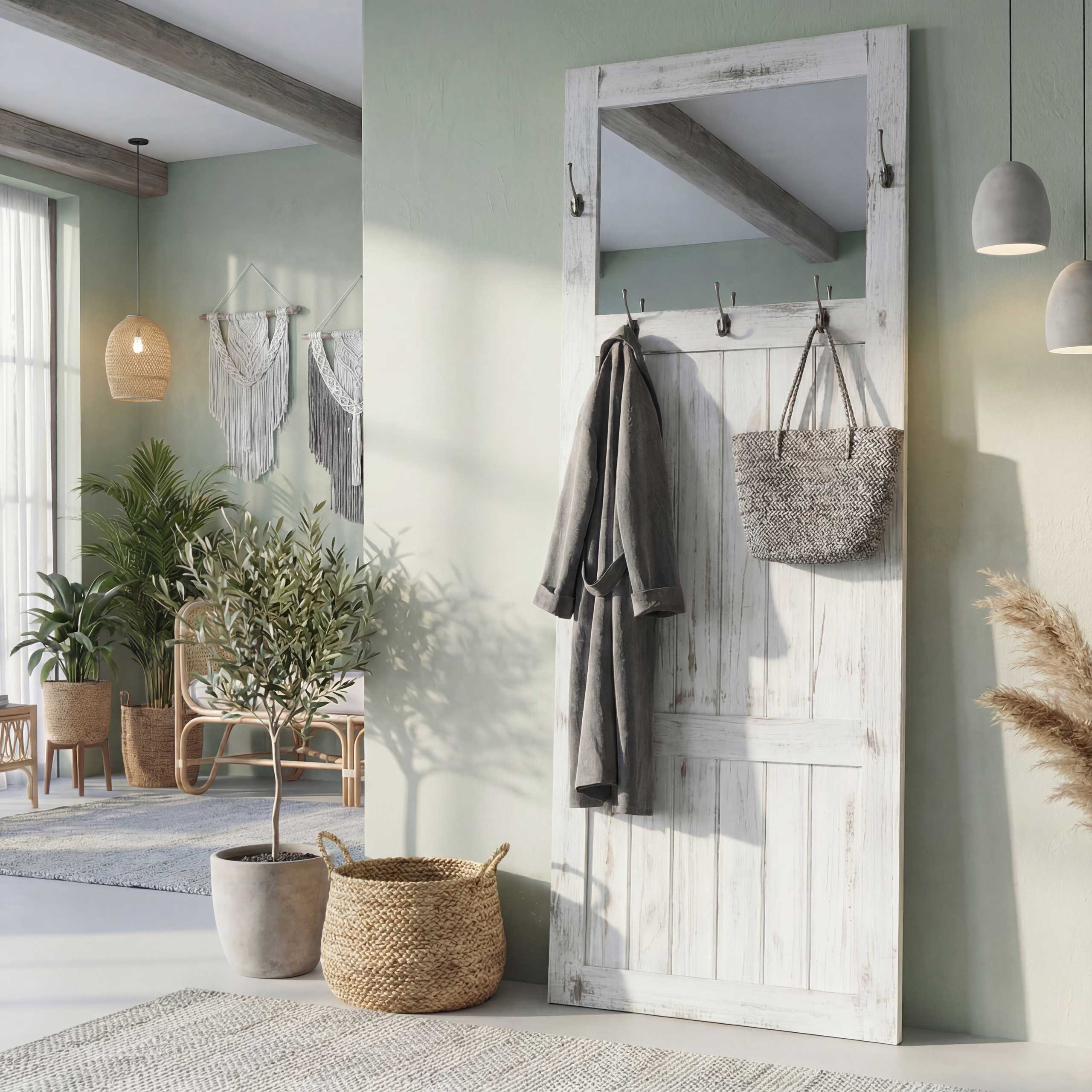 Garderobe Wandgarderobe mit Spiegel Wandhaken 180x65x7cm, Shabby-Look, Vintage ~ wei&szlig; 