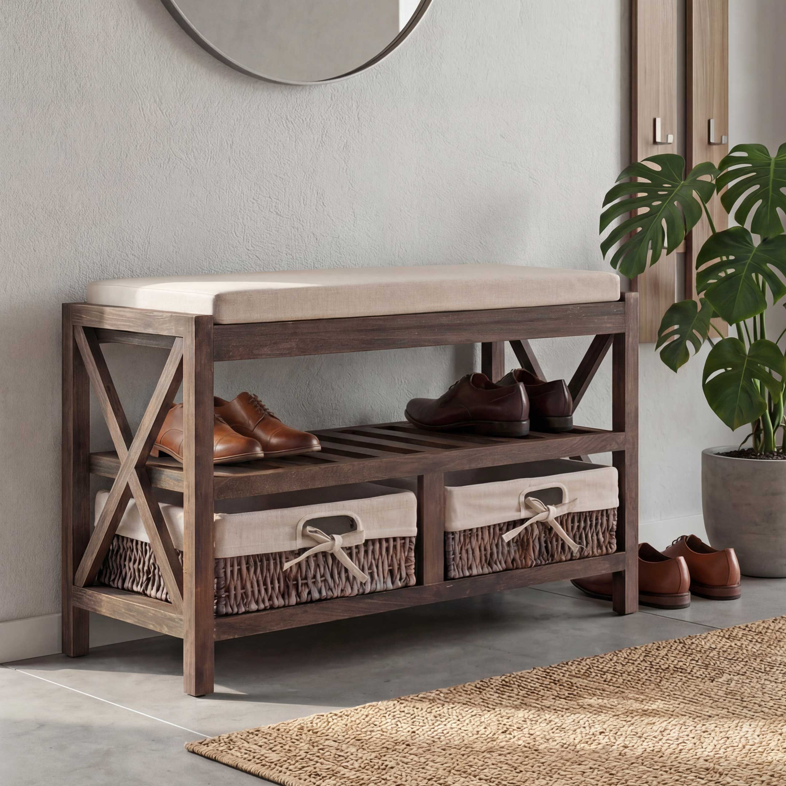 Schuhregal MCW-C48, Sitzbank Schuhablage, Shabby-Look Vintage 45x65x34cm ~ braun 