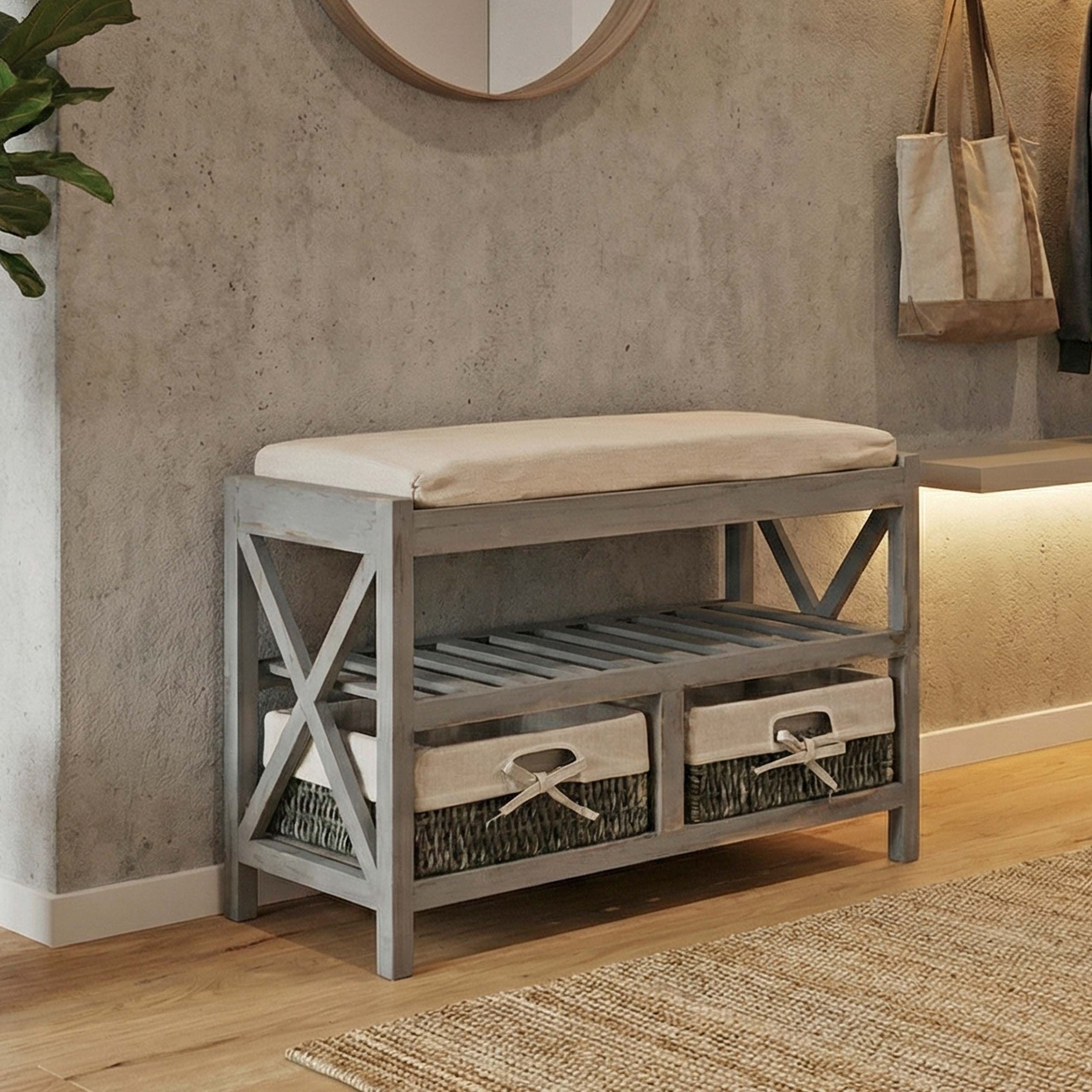 Schuhregal MCW-C48, Sitzbank Schuhablage, Shabby-Look Vintage 45x65x34cm ~ grau 