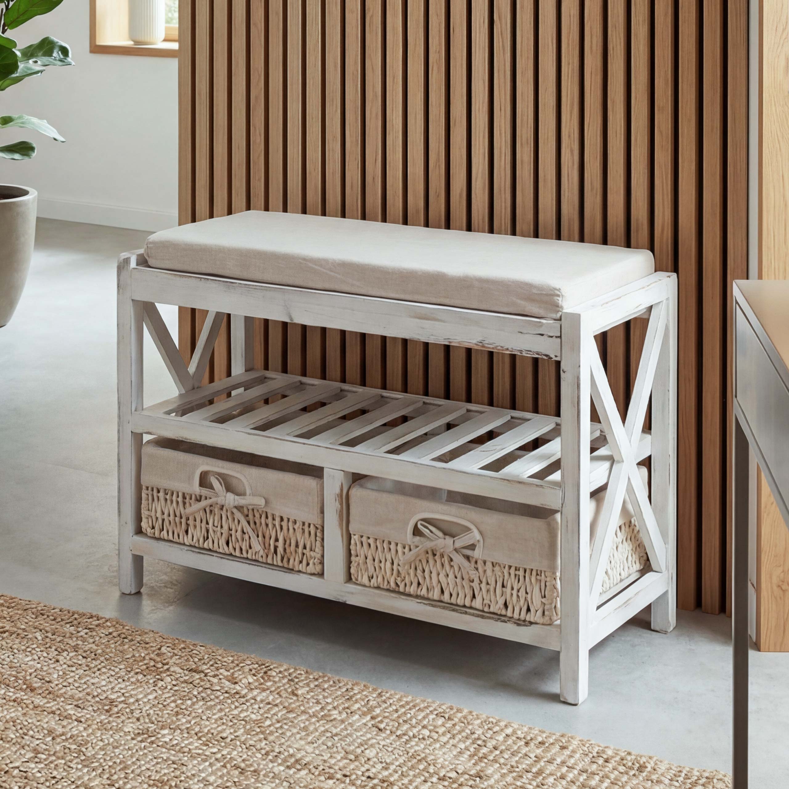 Schuhregal MCW-C48, Sitzbank Schuhablage, Shabby-Look Vintage 45x65x34cm ~ wei&szlig; 